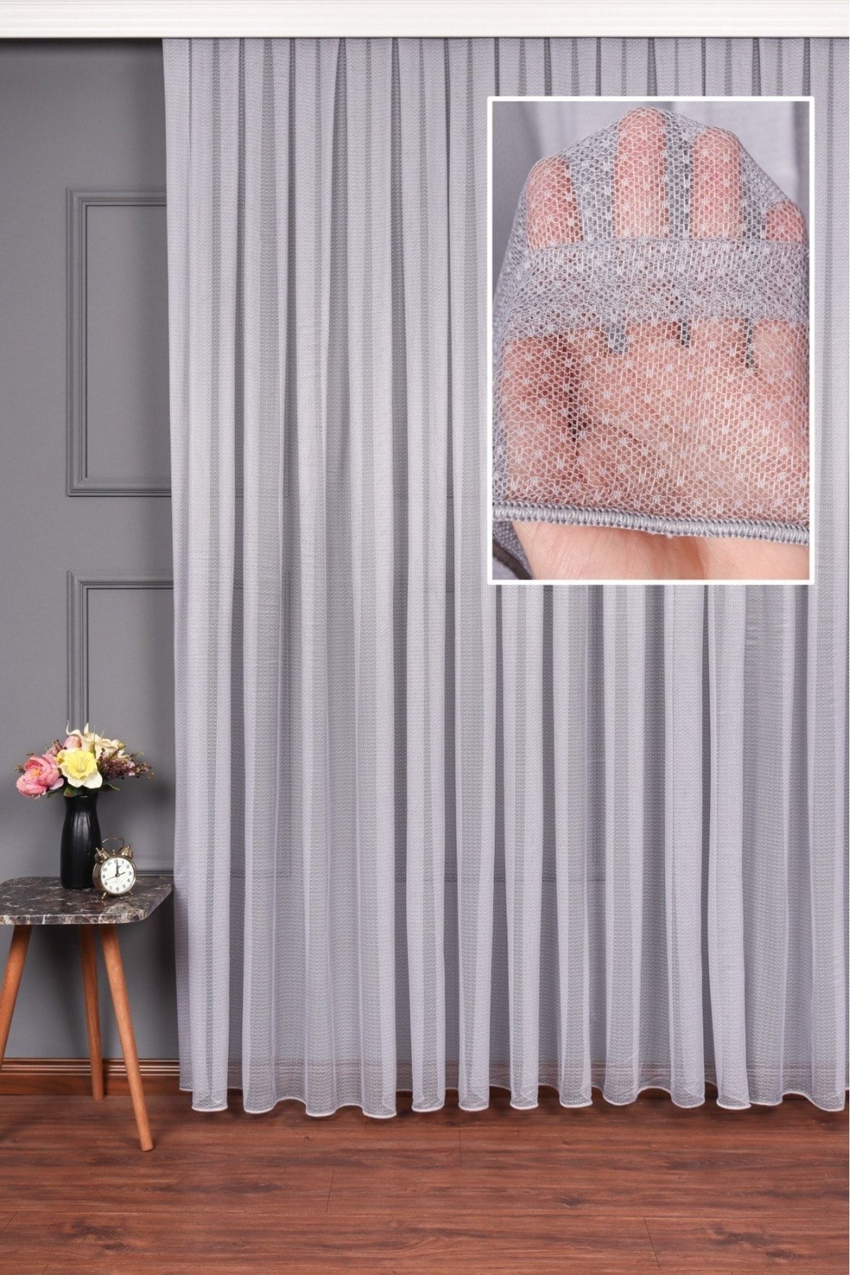 elision home-ستارة من التول العادي باللون الرمادي الكتاني، مقاس 150x260، بطيات متناثرة، 1/2 1
