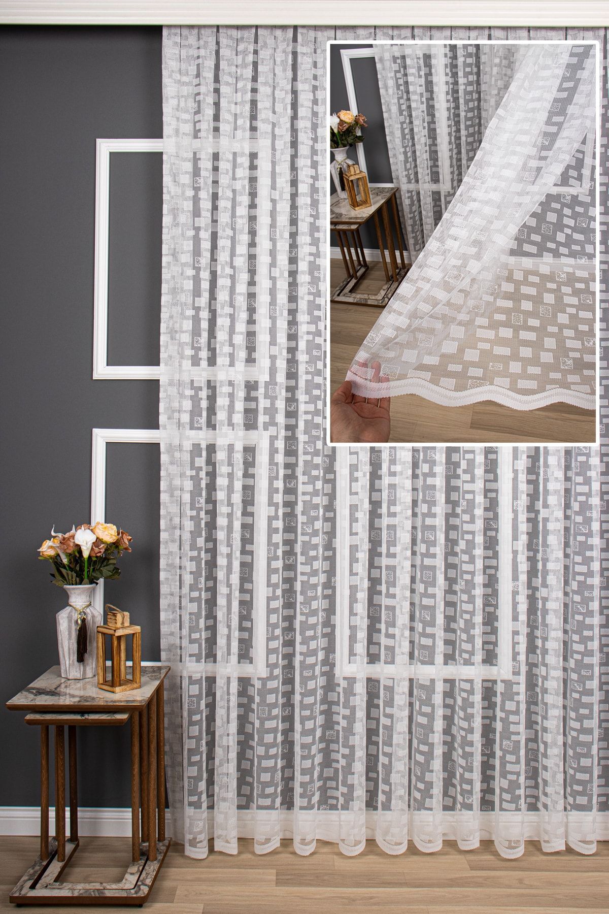 elision home Perdele Din Tul Simplu Tricotat Cu Model De Faianță, 200x260, Pliu Normal, 1/2,5 - 100 x 250