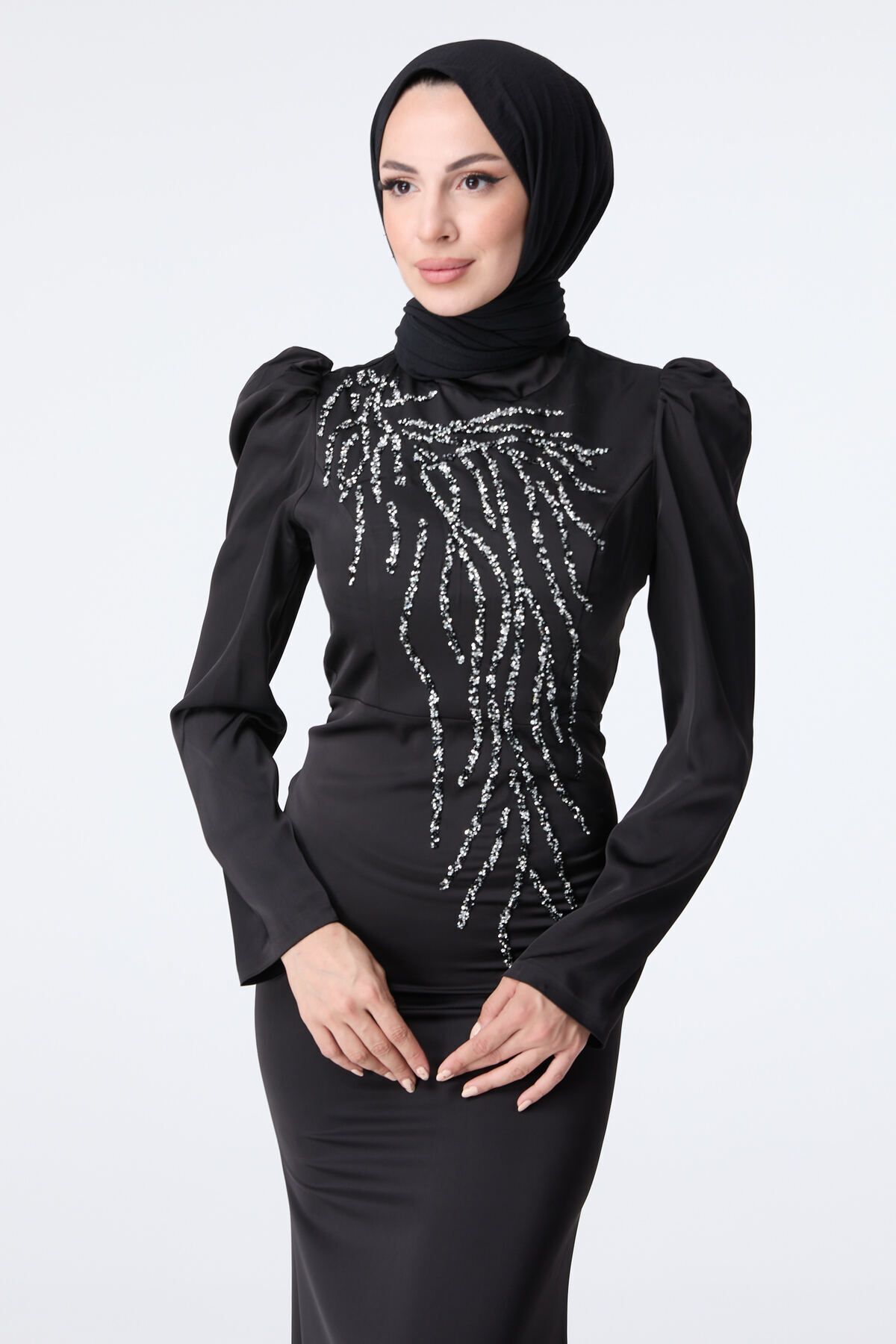 TOFİSA-Schwarzes Abendkleid für Damen mit Hakim-Kragen - 23429 5