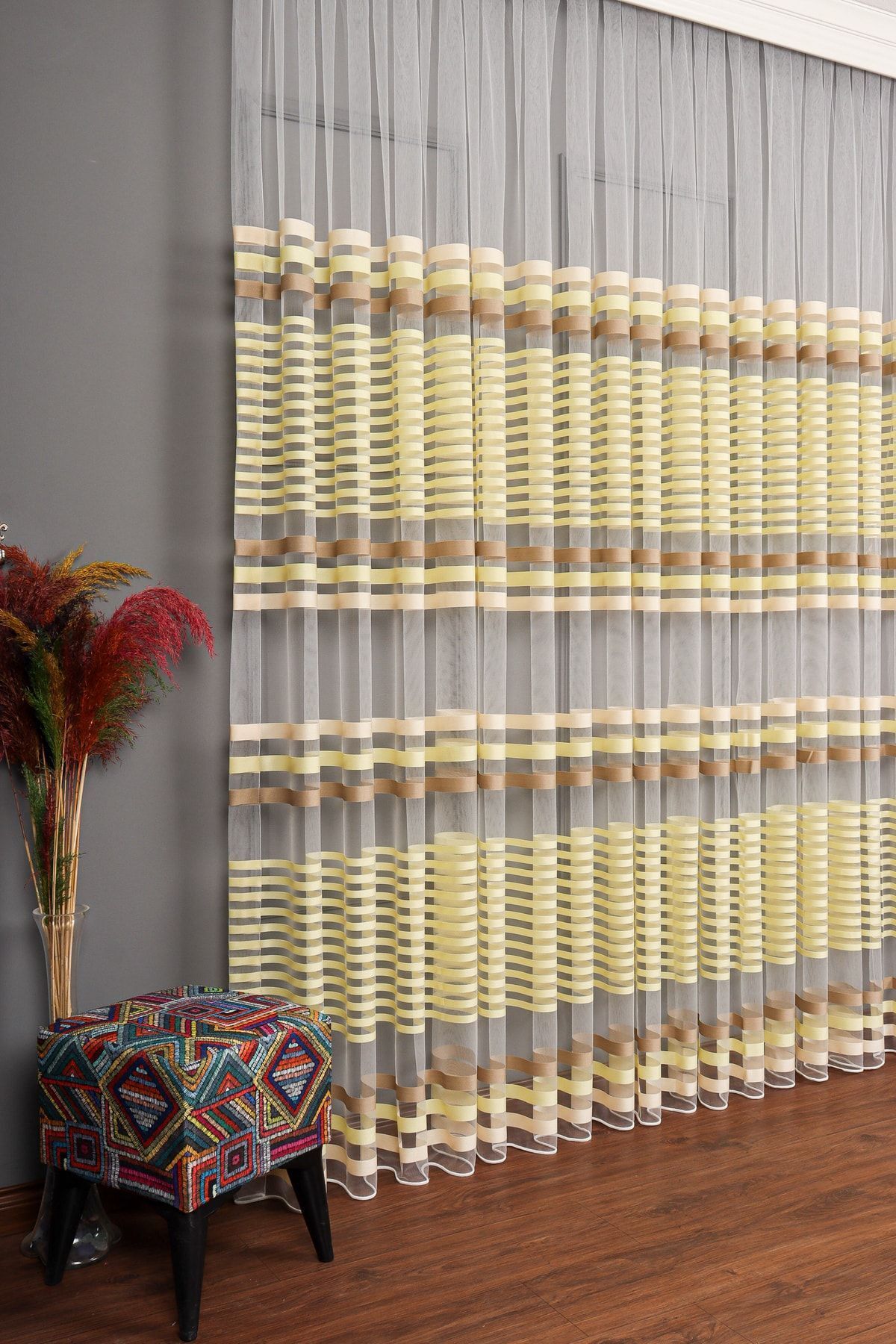 elision home-Transverse Striped Banded Sports Tulle Curtain, 100x270, Sparse Pleat, 1/2 7