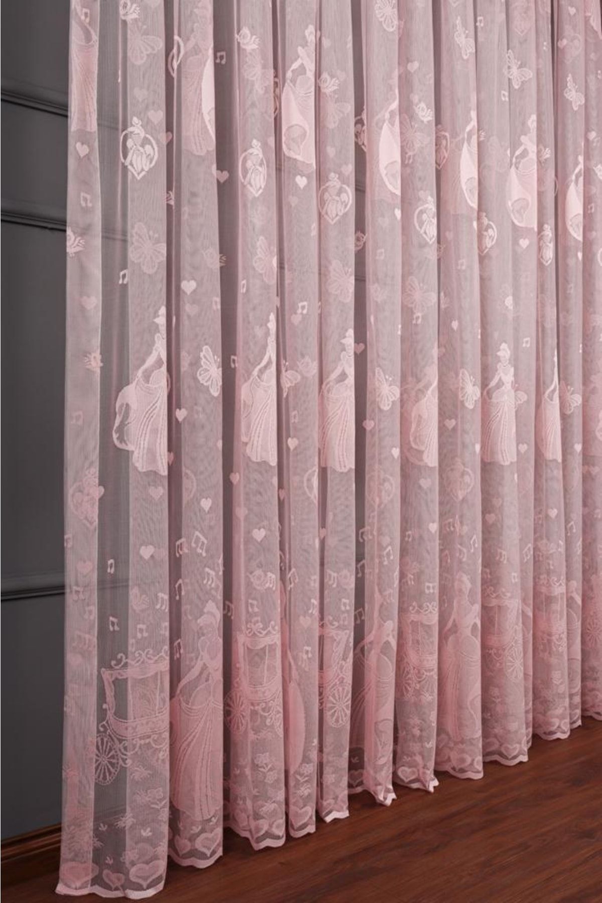 elision home-Cinderella Pattern Pink Knitted Tulle Curtain, 350 X 250cm, 1/2 Sparse Pleat 2