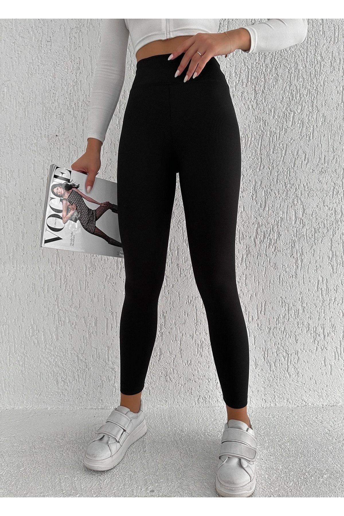 BEJNA-Gerippte Damen-Strumpfhose aus schwarzem Fleece mit hoher Taille 4