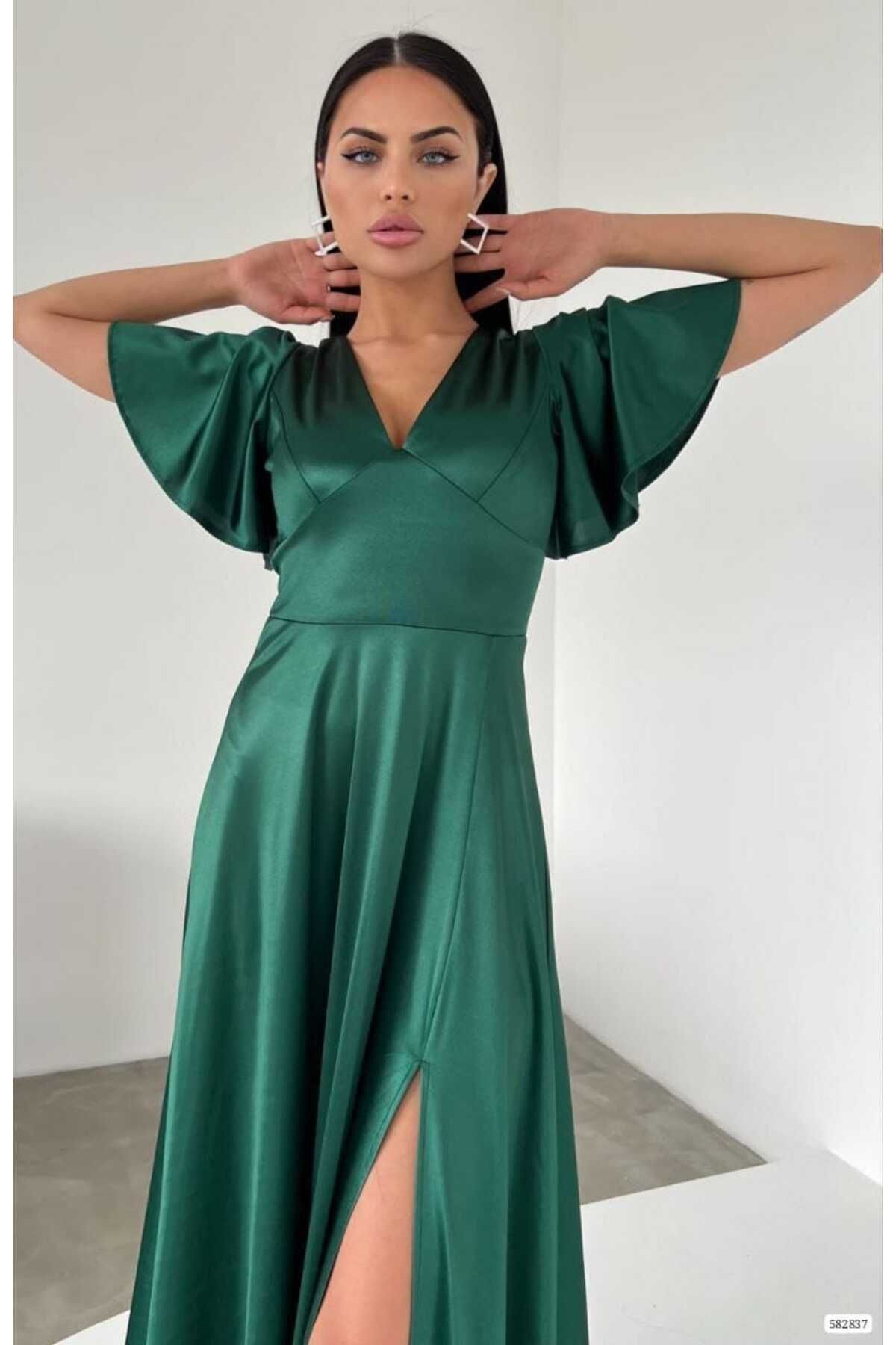 dükkan10butika-Rochie de seară verde smarald pentru femei - rochie lungă, despicată, cu mâneci liliac, decolteu în V, fără spate, rochie de logodnă și de nuntă 4