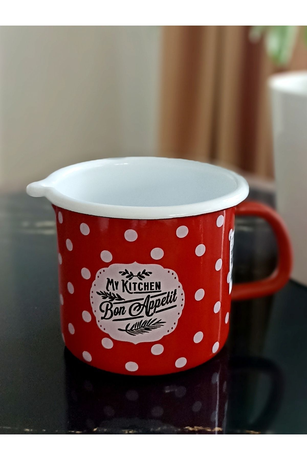 EBRULİEMAYE Retro Kırmızı Puantiyeli Emaye Sütlük Sosluk Yumurta Tencere