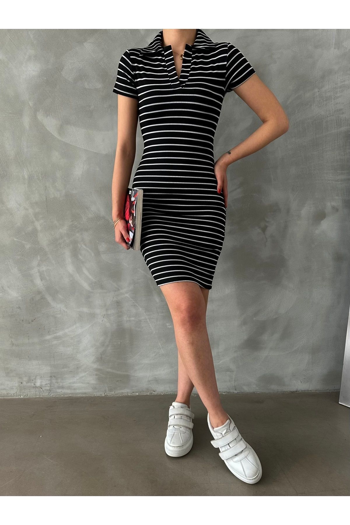 Women's Black Polo Neck Striped Stretchy Knitted Dress