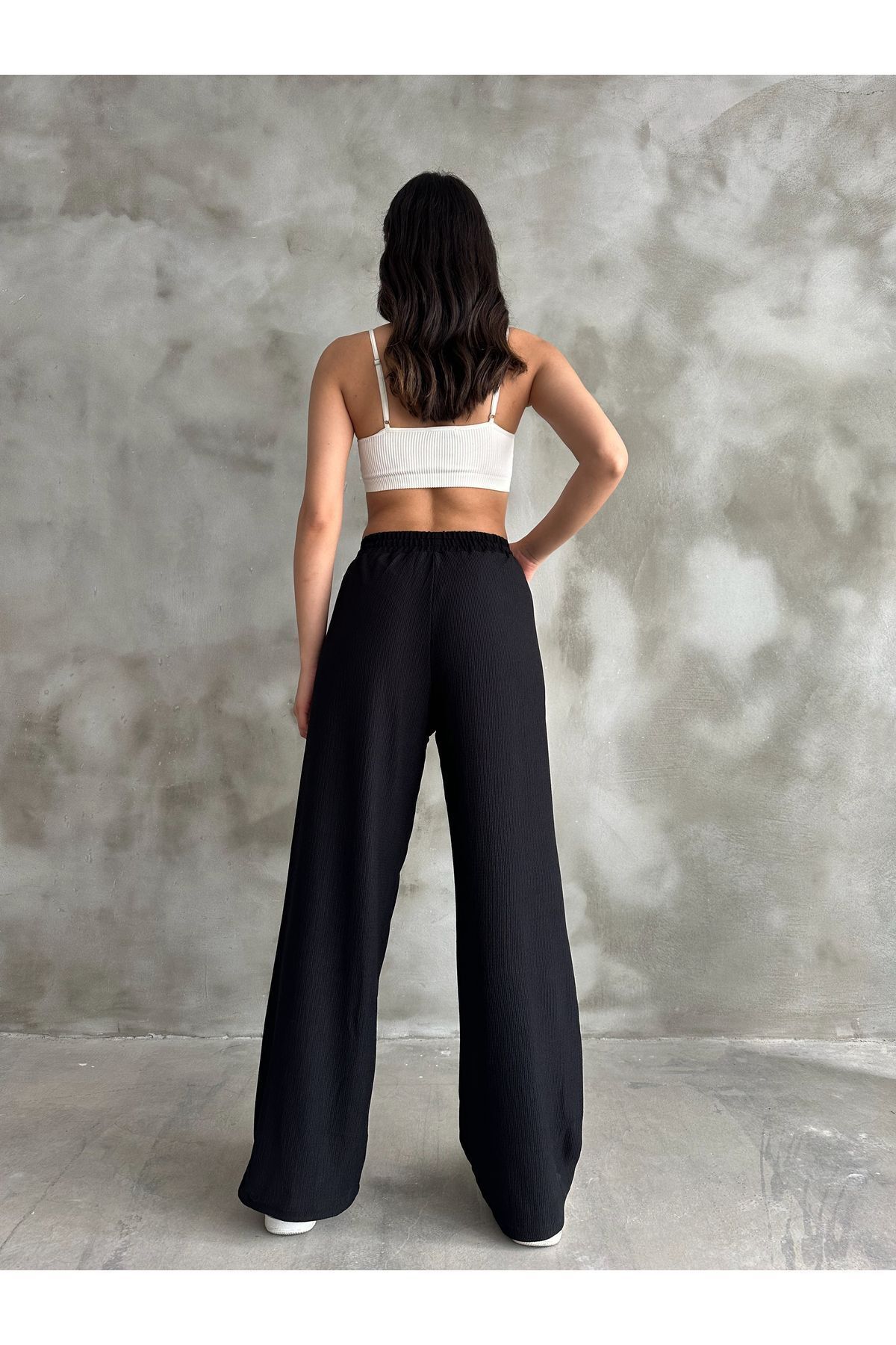 BEJNA-Schwarze Palazzo-Hose mit elastischem Bund für Damen 5