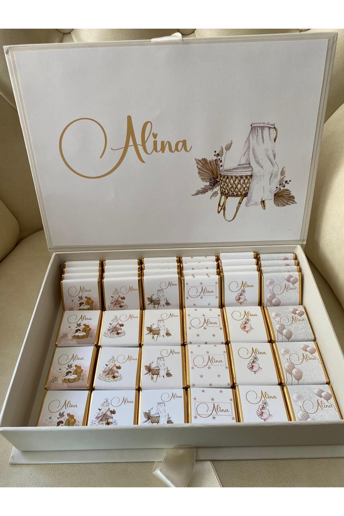 Minemiss Tasarım Lüks Kutulu İsme Özel Tasarımlı Kız-Erkek Bebek Çikolatası 60 Adet Dogum-Yaş Günü-Hediyelik Çikolata fotoğrafı 2 (önizleme)