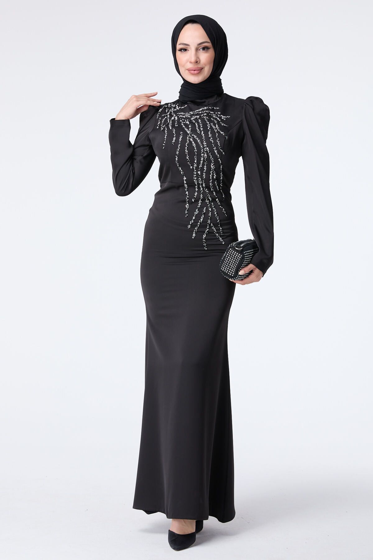 TOFİSA-Schwarzes Abendkleid für Damen mit Hakim-Kragen - 23429 4