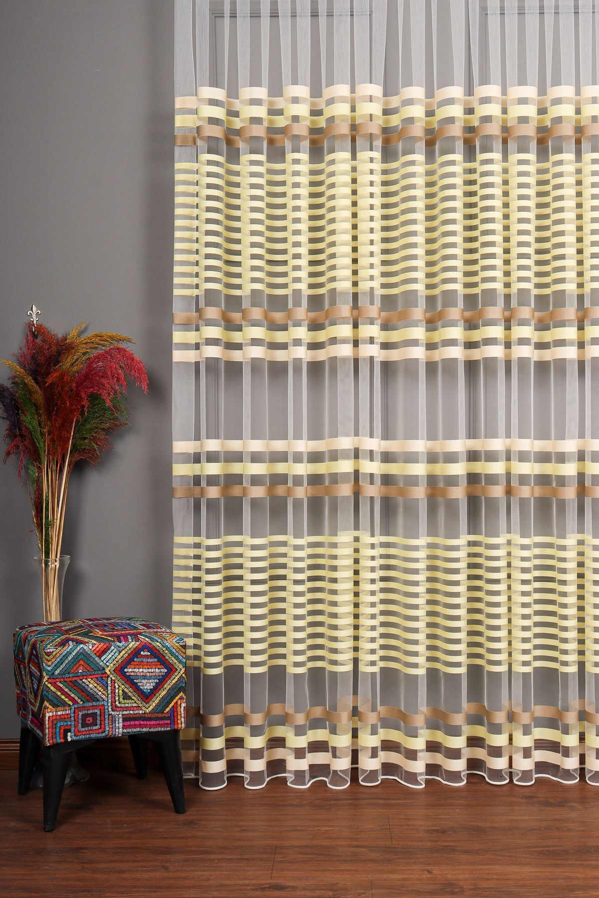 elision home-Transverse Striped Banded Sports Tulle Curtain, 100x270, Sparse Pleat, 1/2 4