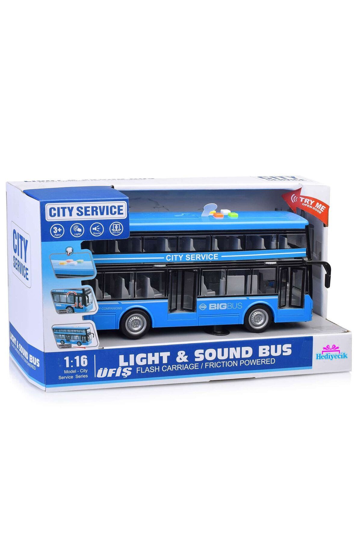 hediyecik-Toy 1:16 Double Decker Sightseeing Bus with Sound and Light Function Blue 2