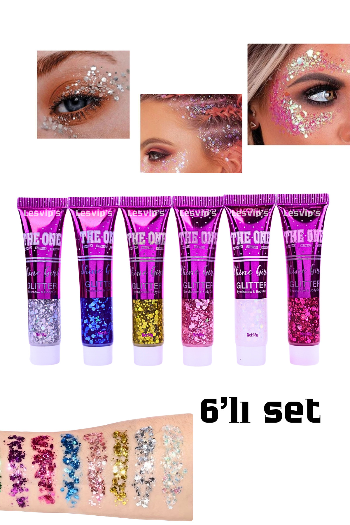 Lesvip's Jel formlu Face and body glitter pırıltılı sim 6'lı set