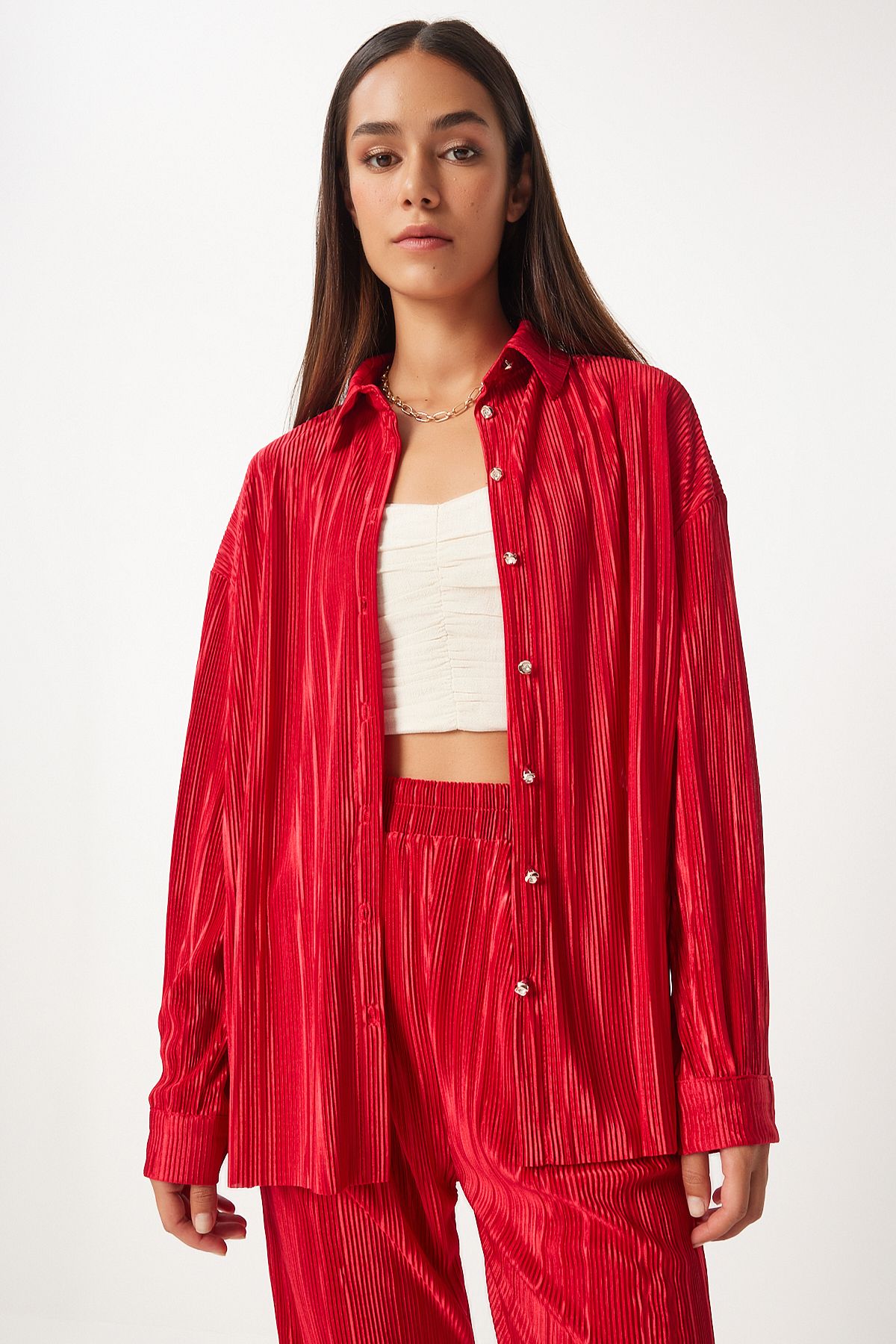 Happiness İstanbul-Red Women's Shirt and Trousers Set - Pleated and Buttoned FN03235 5