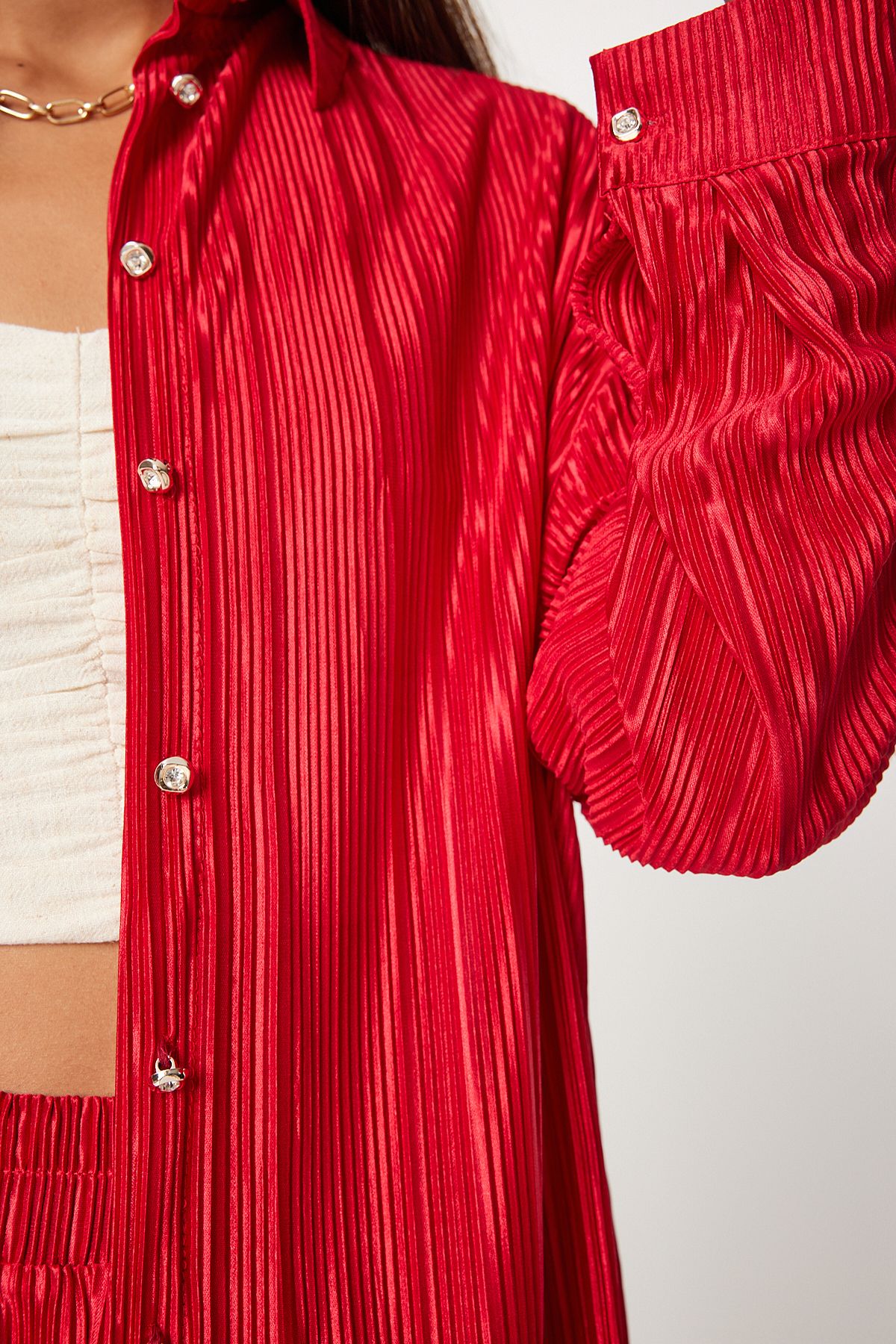 Happiness İstanbul-Red Women's Shirt and Trousers Set - Pleated and Buttoned FN03235 6
