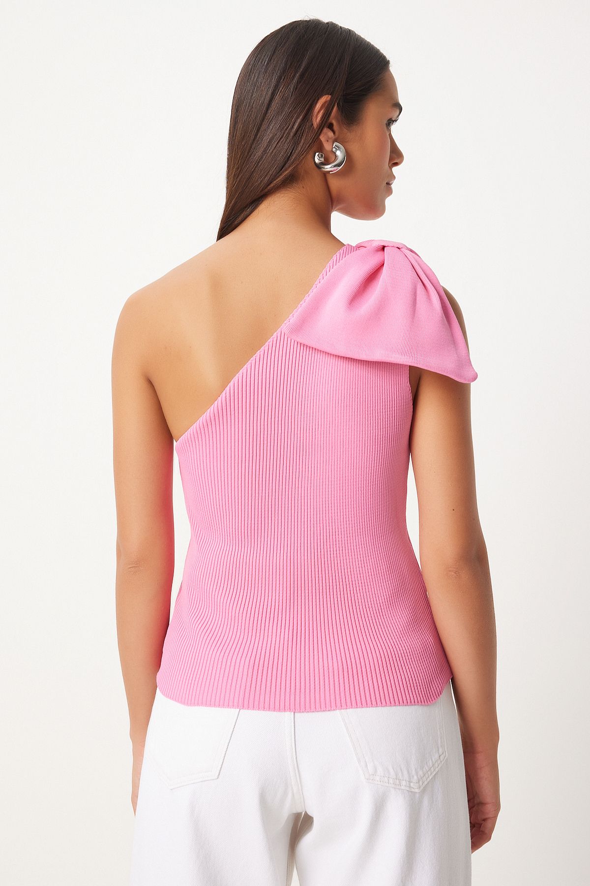 Happiness İstanbul-Pink Bow Detailed One-Shoulder Knitwear Women's Blouse - PF00075 4