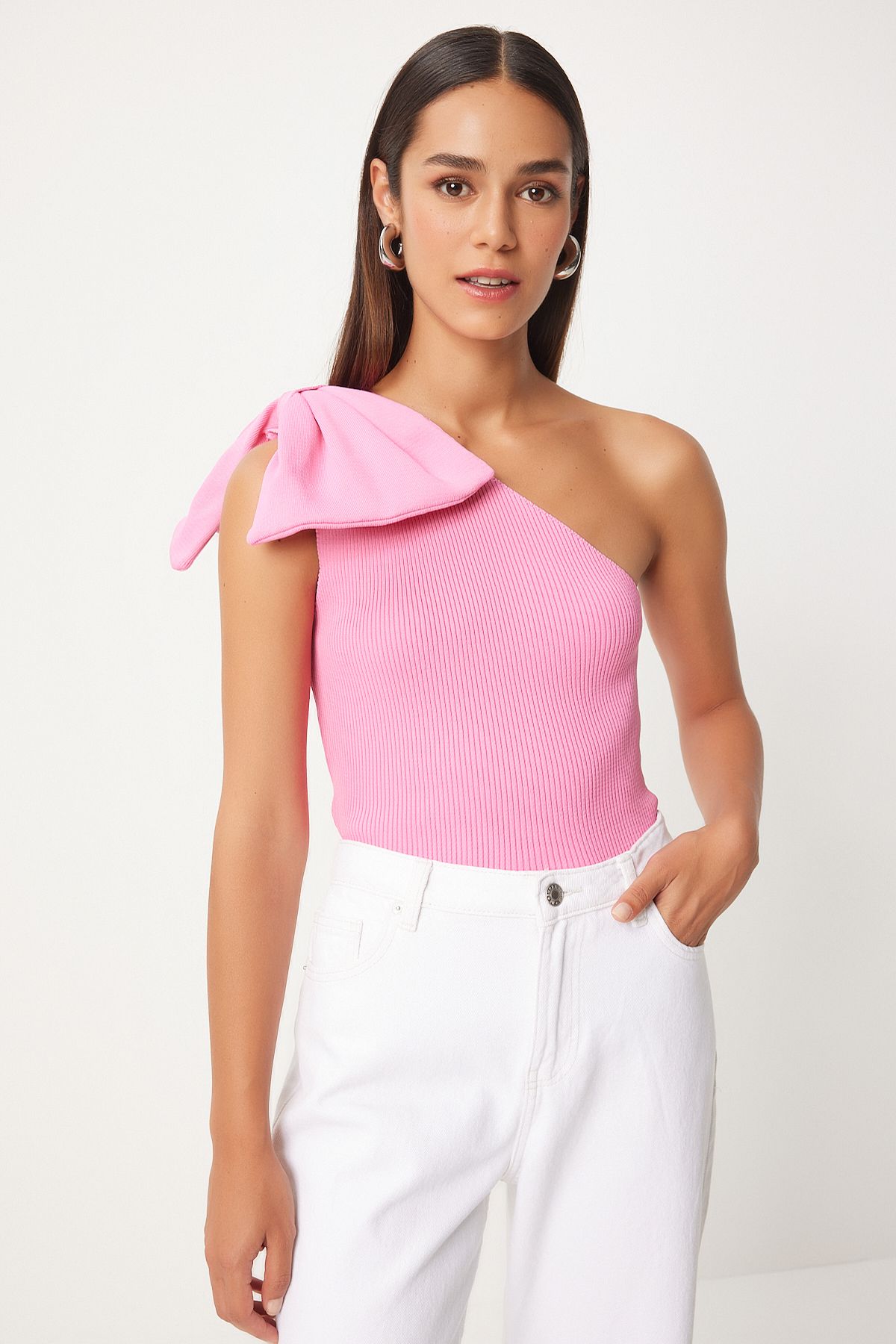 Happiness İstanbul-Pink Bow Detailed One-Shoulder Knitwear Women's Blouse - PF00075 2