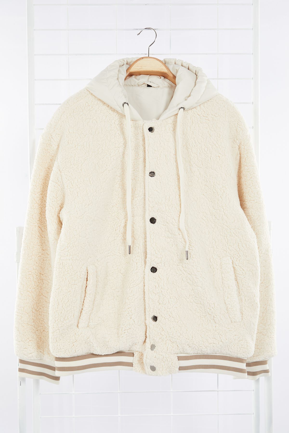 Trendyol Collection-Unisex Ecru Relaxed Fit Hooded Winter Coat - Rubber Detailed TMNAW25MO00015 8