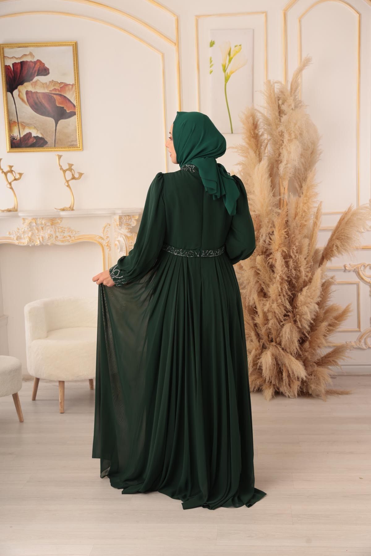 ZİNCİR VE TAŞ DETAYLI ŞİFON TESETTÜR ABİYE (17926)
