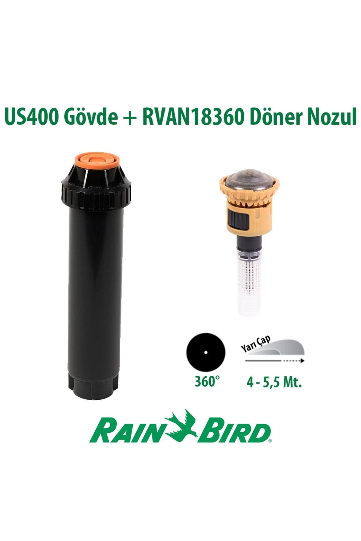 Rain Bird RVAN18360 Döner Nozul Tam Tur 4 - 5,5 Mt. ve US400 Boş Gövde Seti