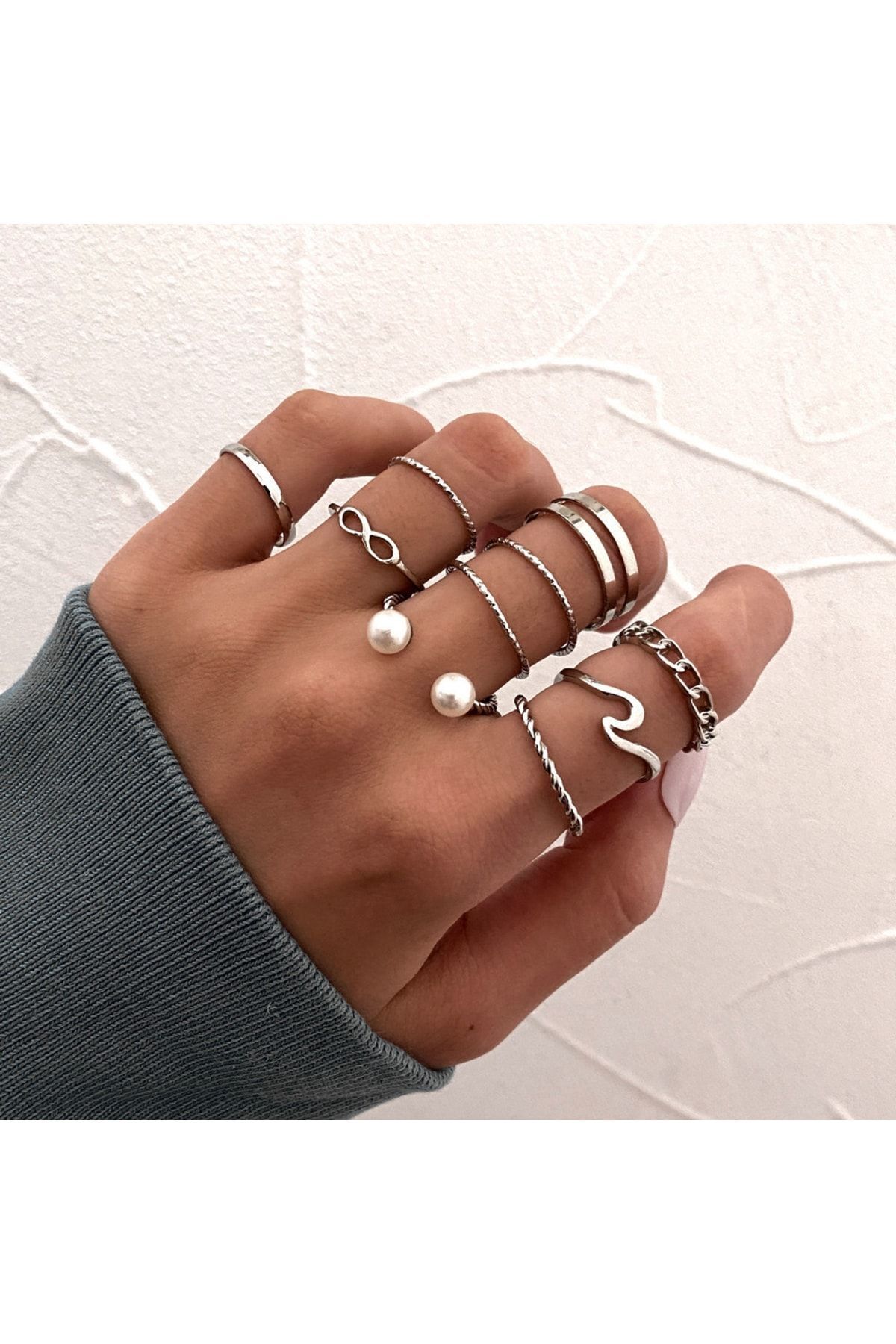 10'lu Tasarım Set Yüzük 1534 Gümüş Rengi (2 ADEDİ AYARLANABİLİR)