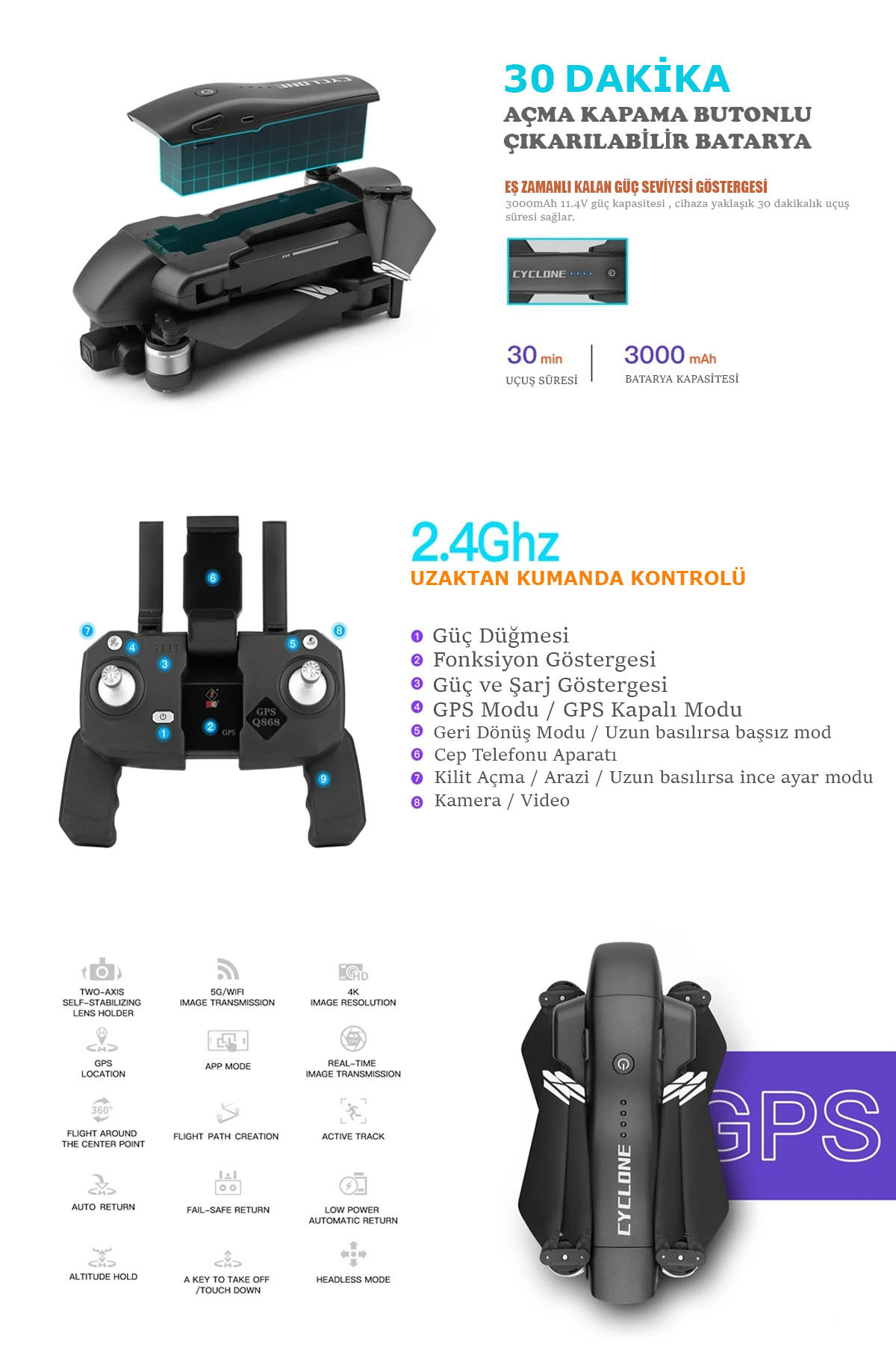 30DK UÇUŞ 4K 5G WiFi GPS Çift Eksen Gimbal Kamera Fırçasız Motor Katlanabilir Taşıma Çantalı Drone