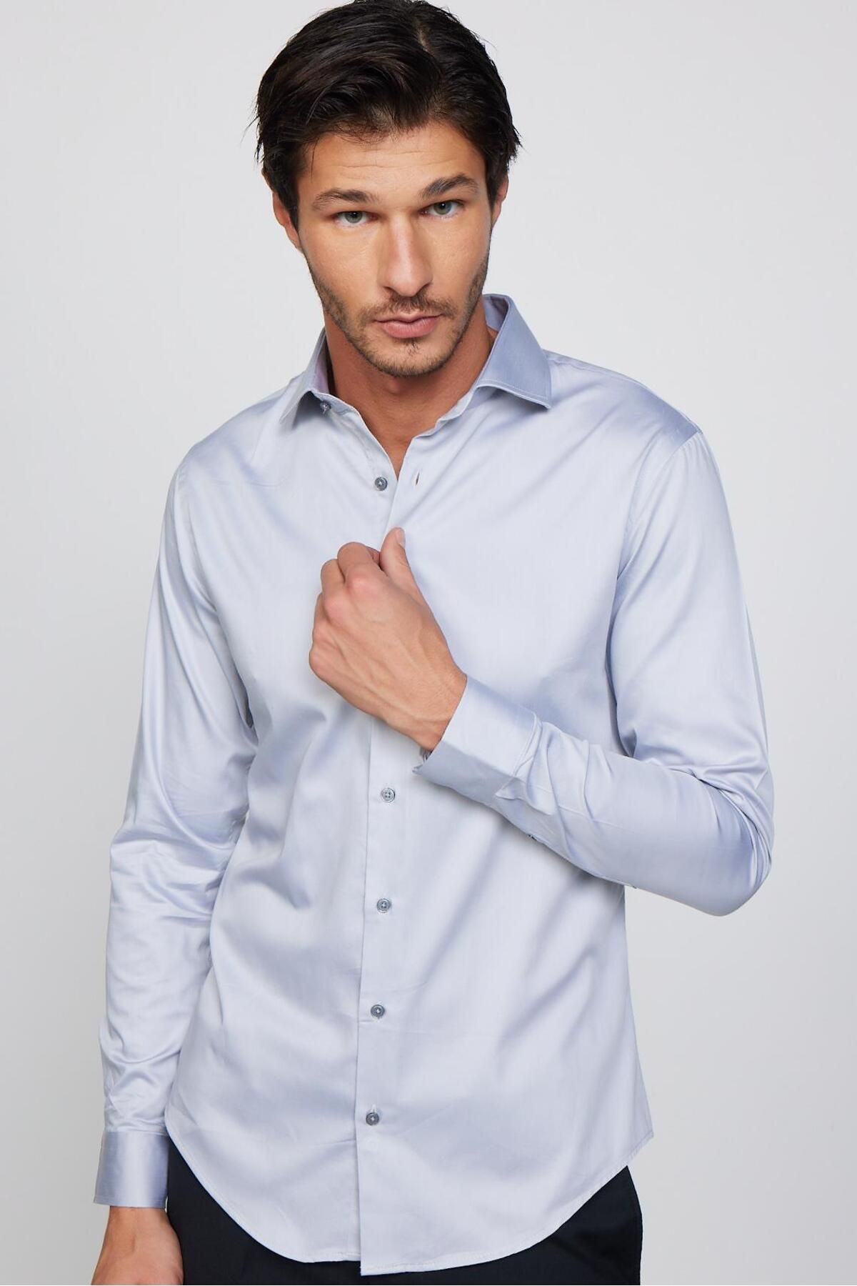 Tudors-Slim Fit Long Sleeve Cotton Satin Premium Series Gray Men's Shirt 1