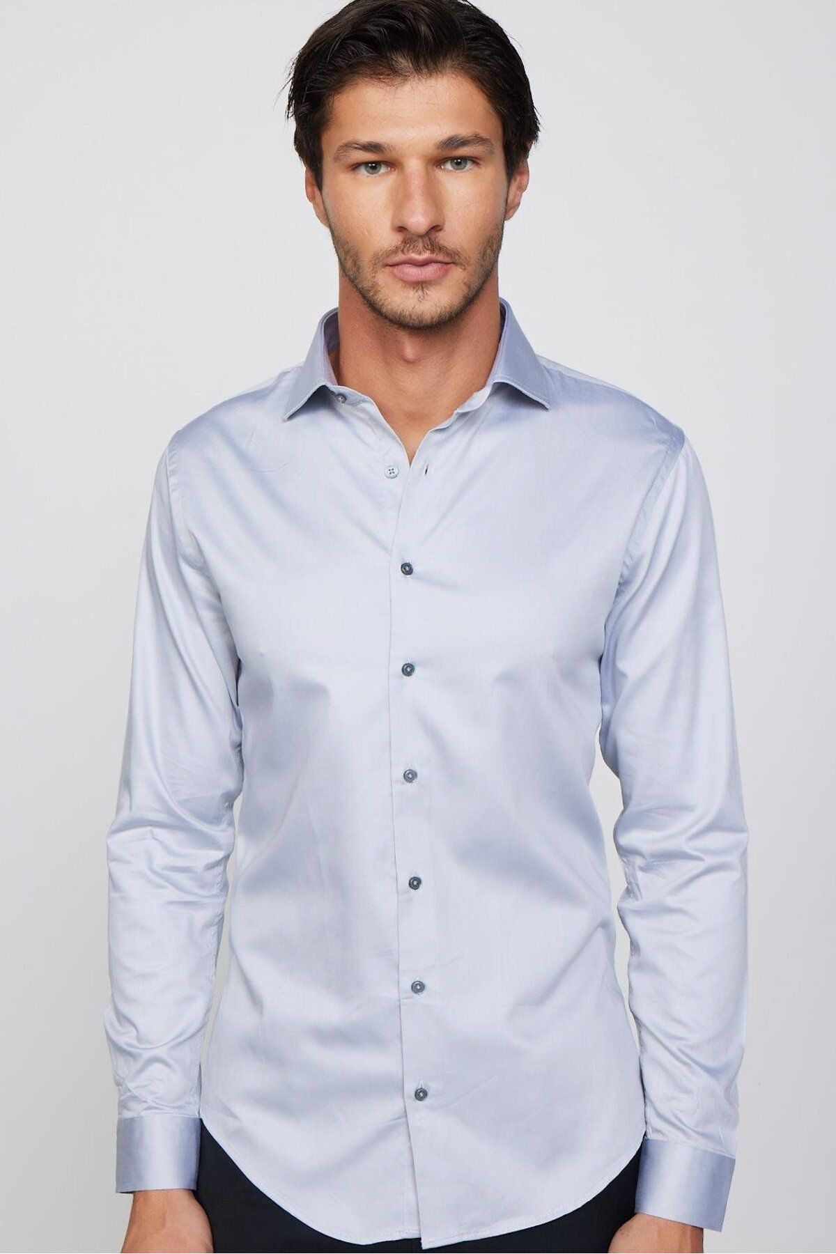 Tudors-Slim Fit Long Sleeve Cotton Satin Premium Series Gray Men's Shirt 3