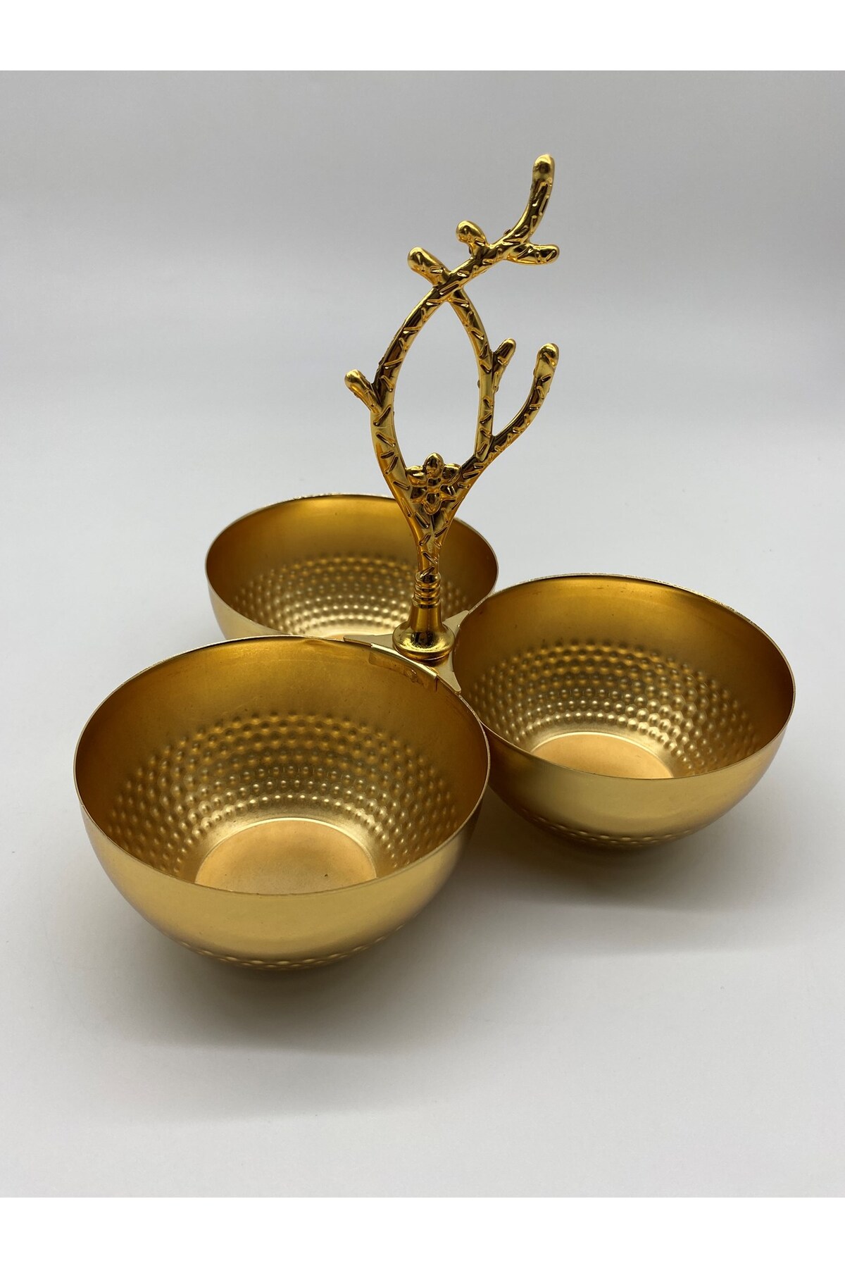 3 Compartment Gold Metal Snack Bowl, Snack Plate with Gold Branches