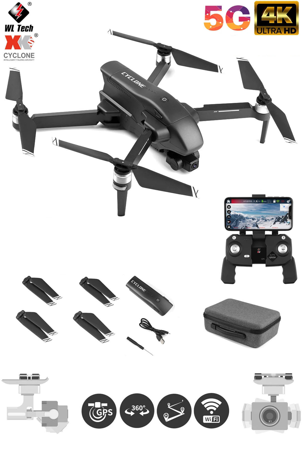 30DK UÇUŞ 4K 5G WiFi GPS Çift Eksen Gimbal Kamera Fırçasız Motor Katlanabilir Taşıma Çantalı Drone
