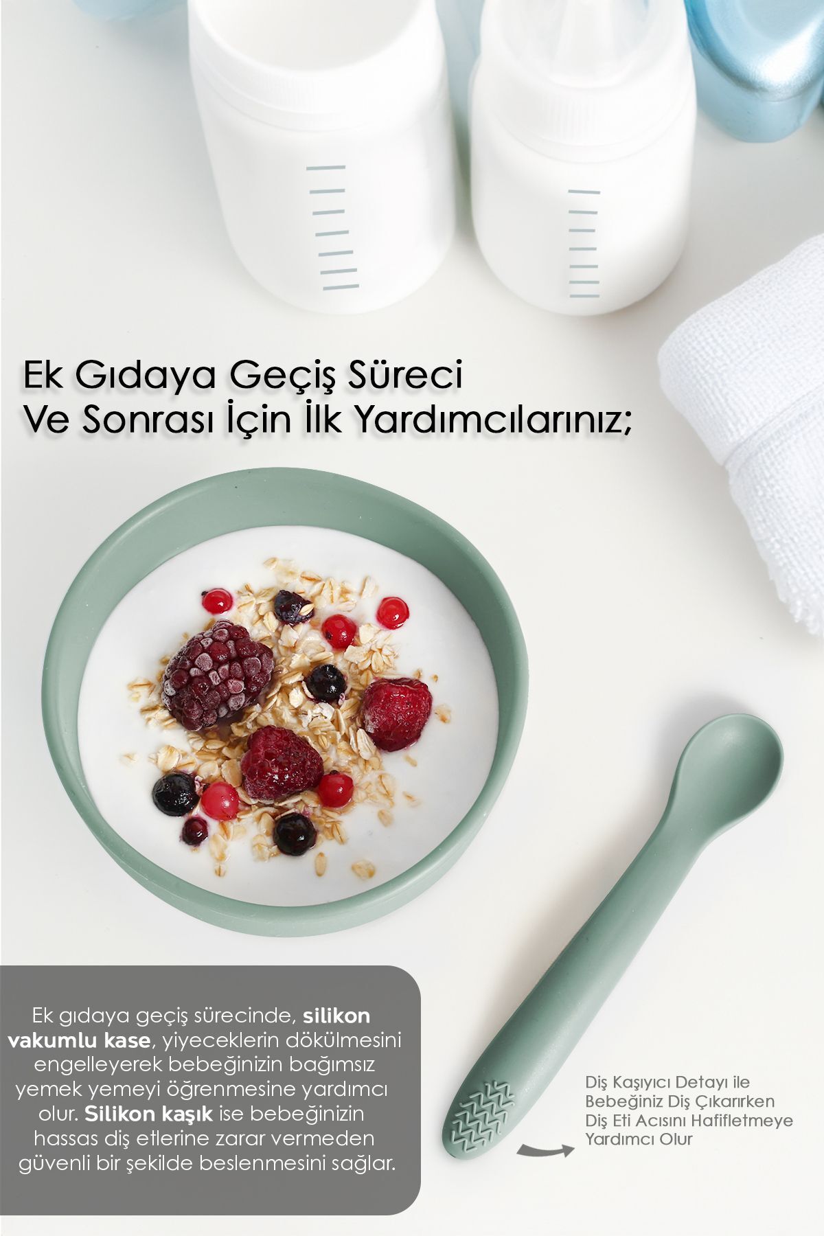 Meleni Baby Vakumlu Silikon Bebek Mama Kasesi - Vakum Tabanlı Kase - Silikon Diş Kaşıyıcı Kaşık - Yeşil fotoğrafı 2 (önizleme)