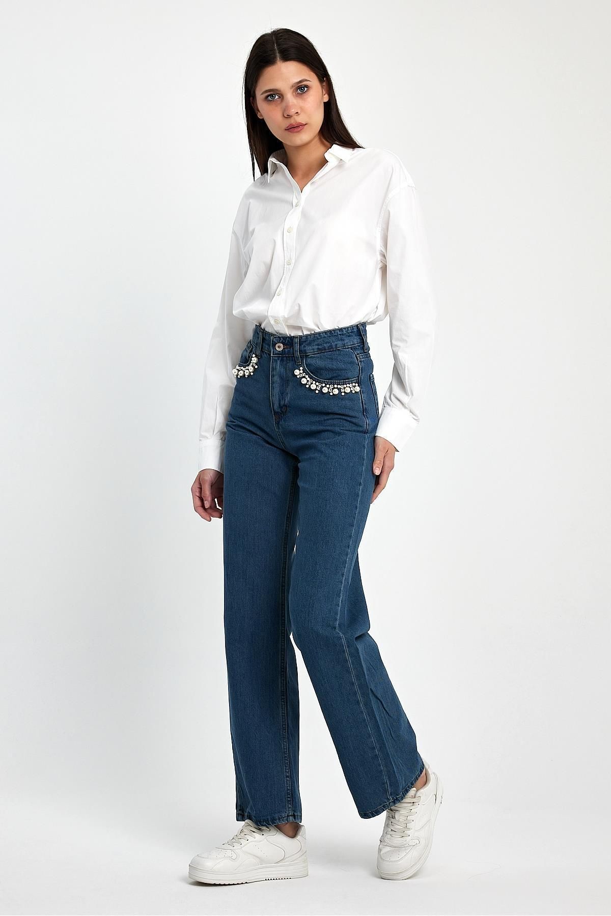 Basicpark Albastru Închis - 100% Bumbac Cu Picior Lat Denim Cu Detaliu De Piatră Și Perle Femeie - S