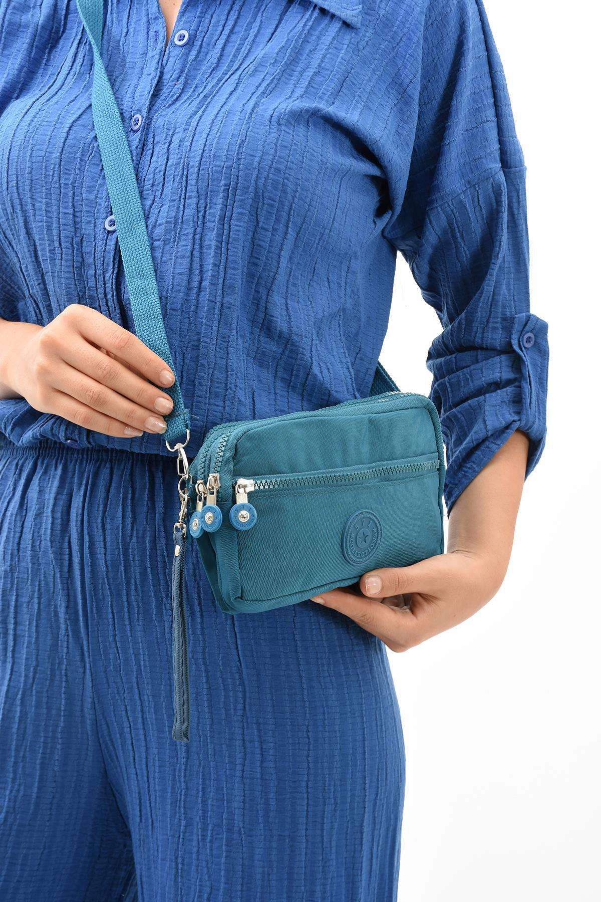 Cross Strap Three Compartment Wallet Phone Holder Blue (Model:571-15E)