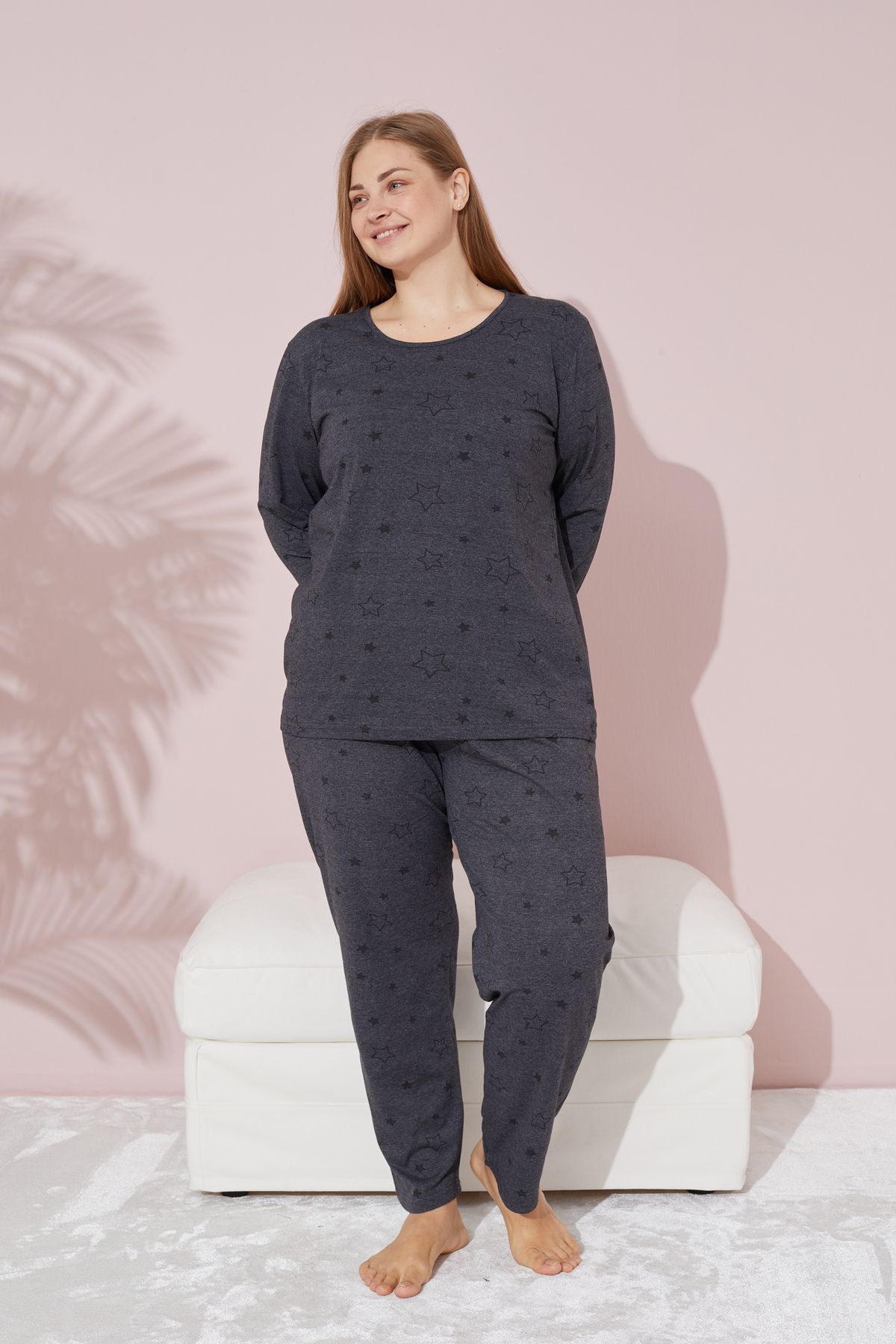 Siyah İnci-Plus Size Anthracite Star Patterned Curve Cotton Pajama Set 2