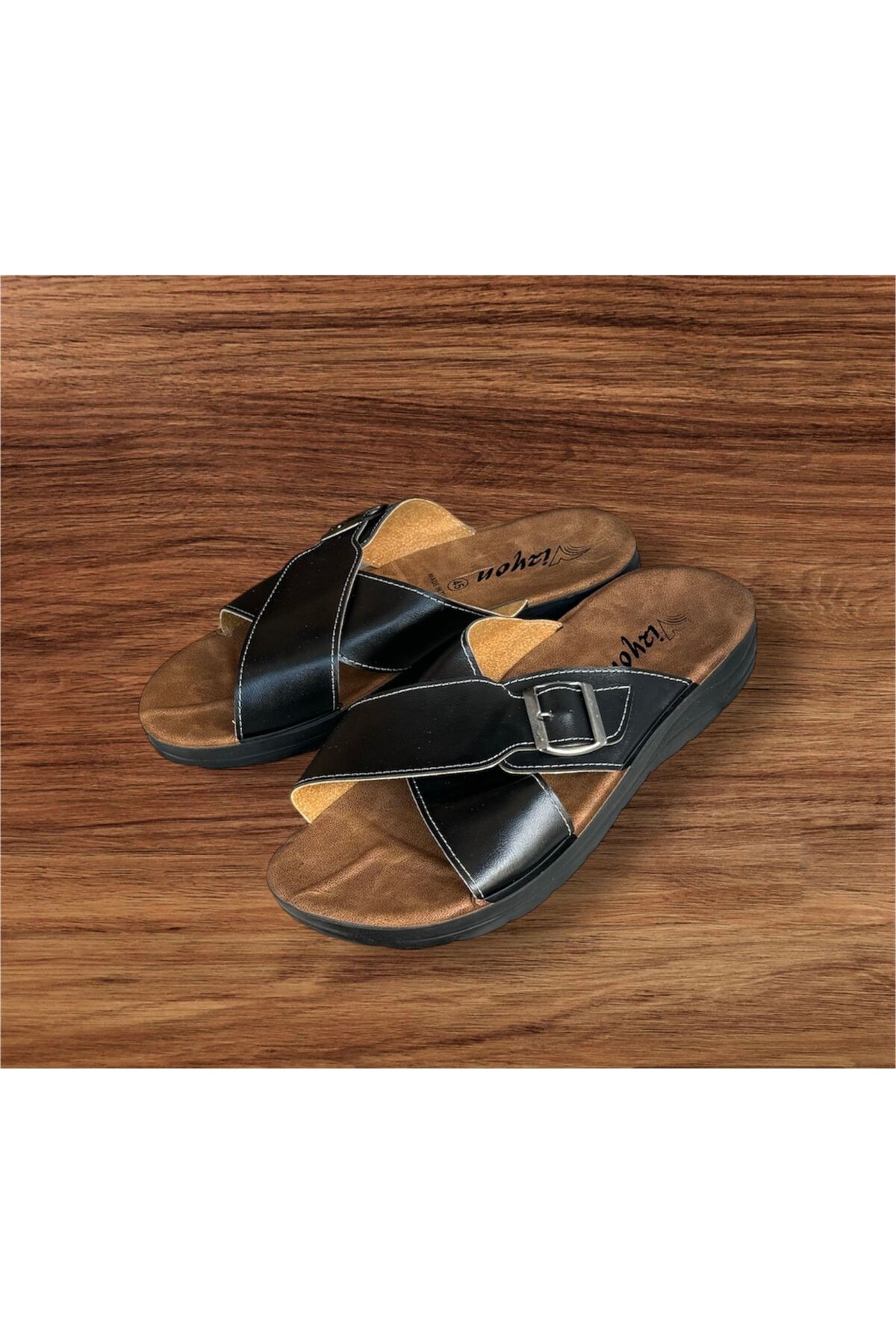 VİZYON-Men's Black Vision Large Size Oversize Buckle Slippers 1