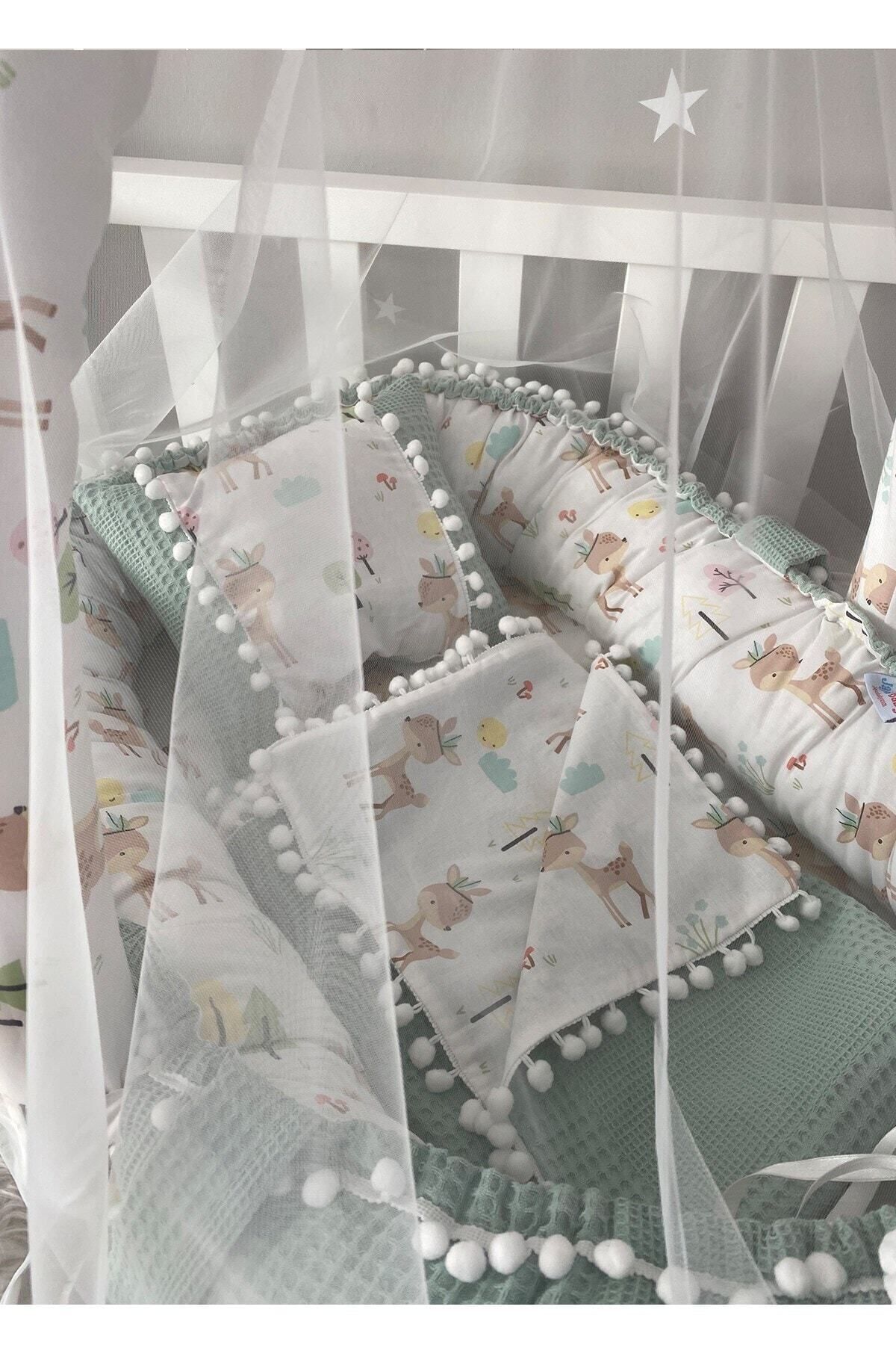 Jaju Baby Babynest Wafle Yeşil Pike Poplin Ponponlu Nest Ve Yorgan Oyuncak Aparat Ve Tül Set fotoğrafı 3 (önizleme)