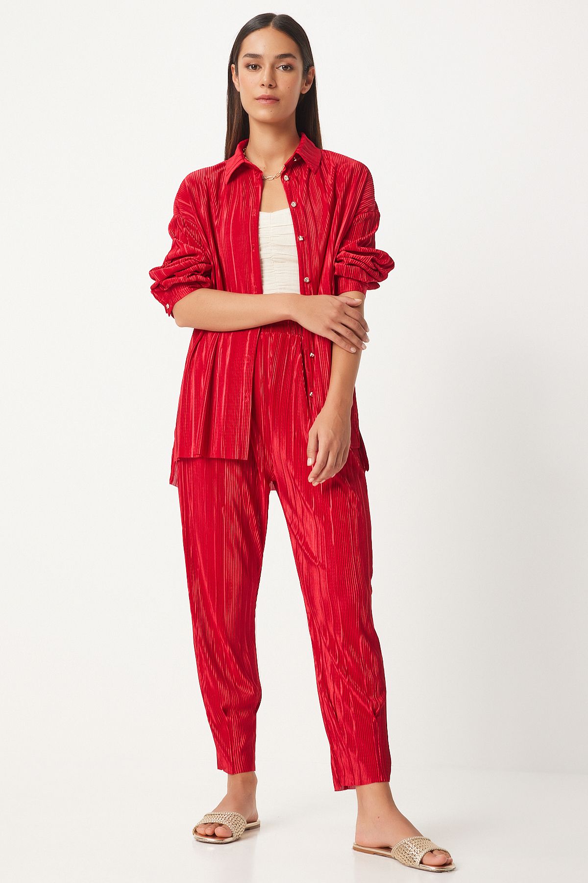 Happiness İstanbul-Red Women's Shirt and Trousers Set - Pleated and Buttoned FN03235 3