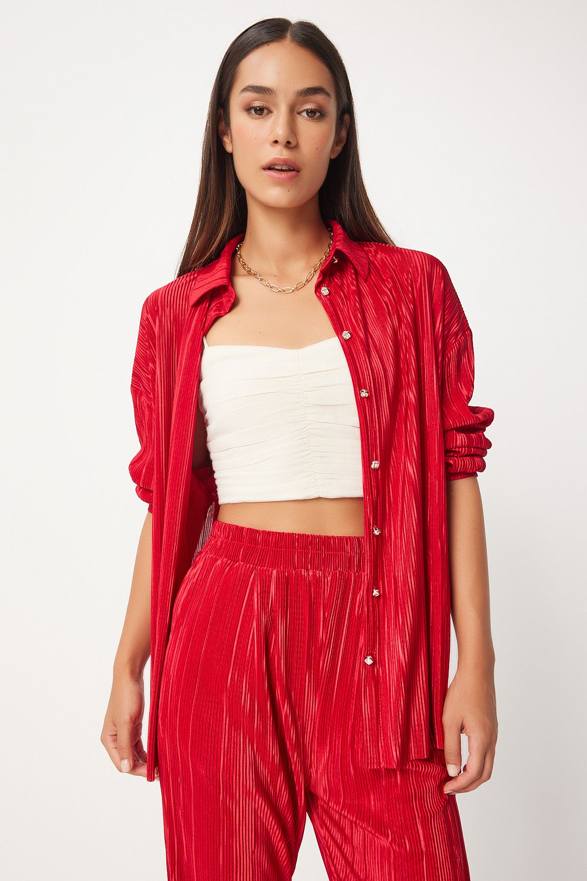 Happiness İstanbul-Red Women's Shirt and Trousers Set - Pleated and Buttoned FN03235 4