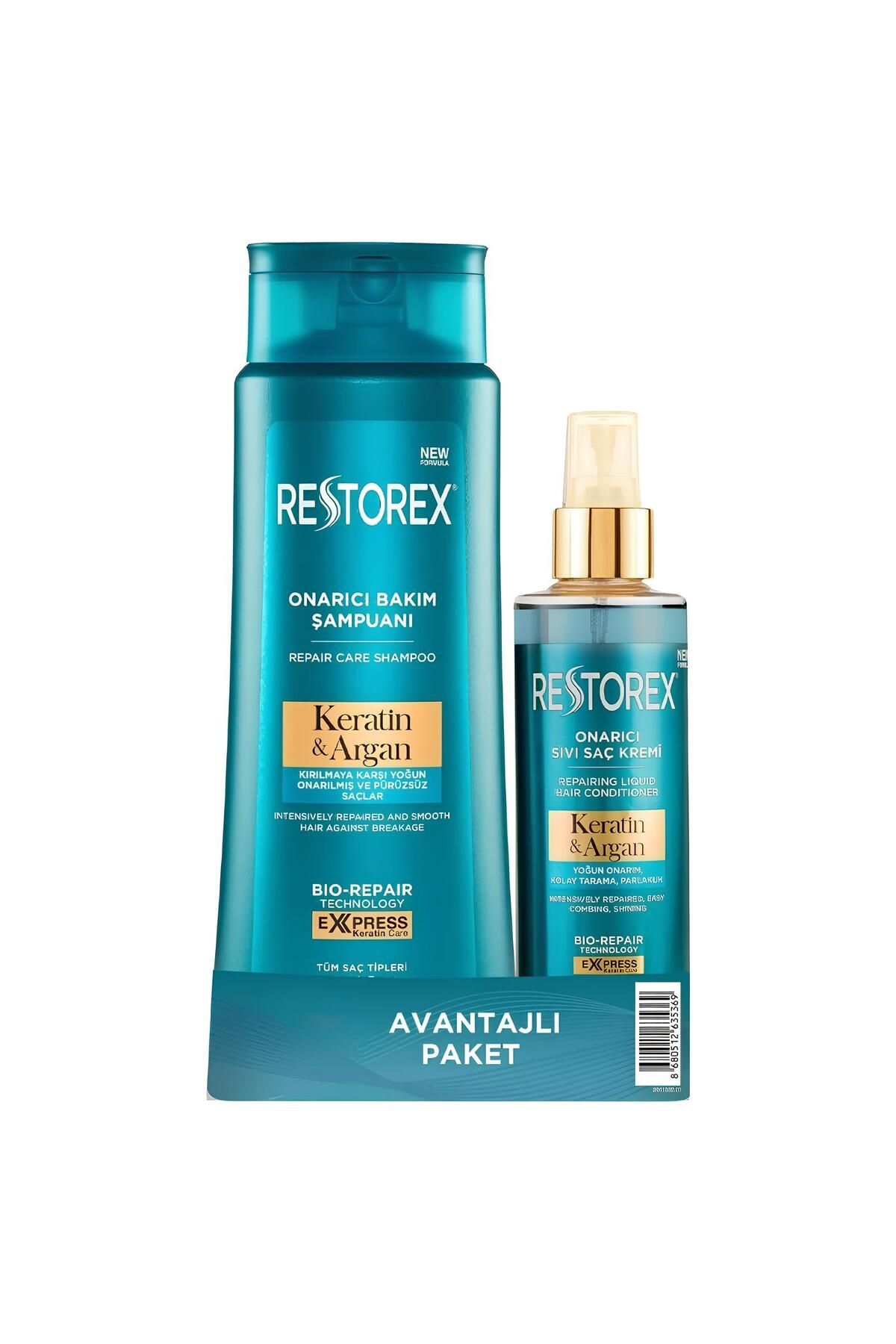 شامپو ترمیم کننده مو کراتین و آرگان 500 میلی لیتر + کرم مایع مراقبت از مو 200 میلی لیتر Restorex