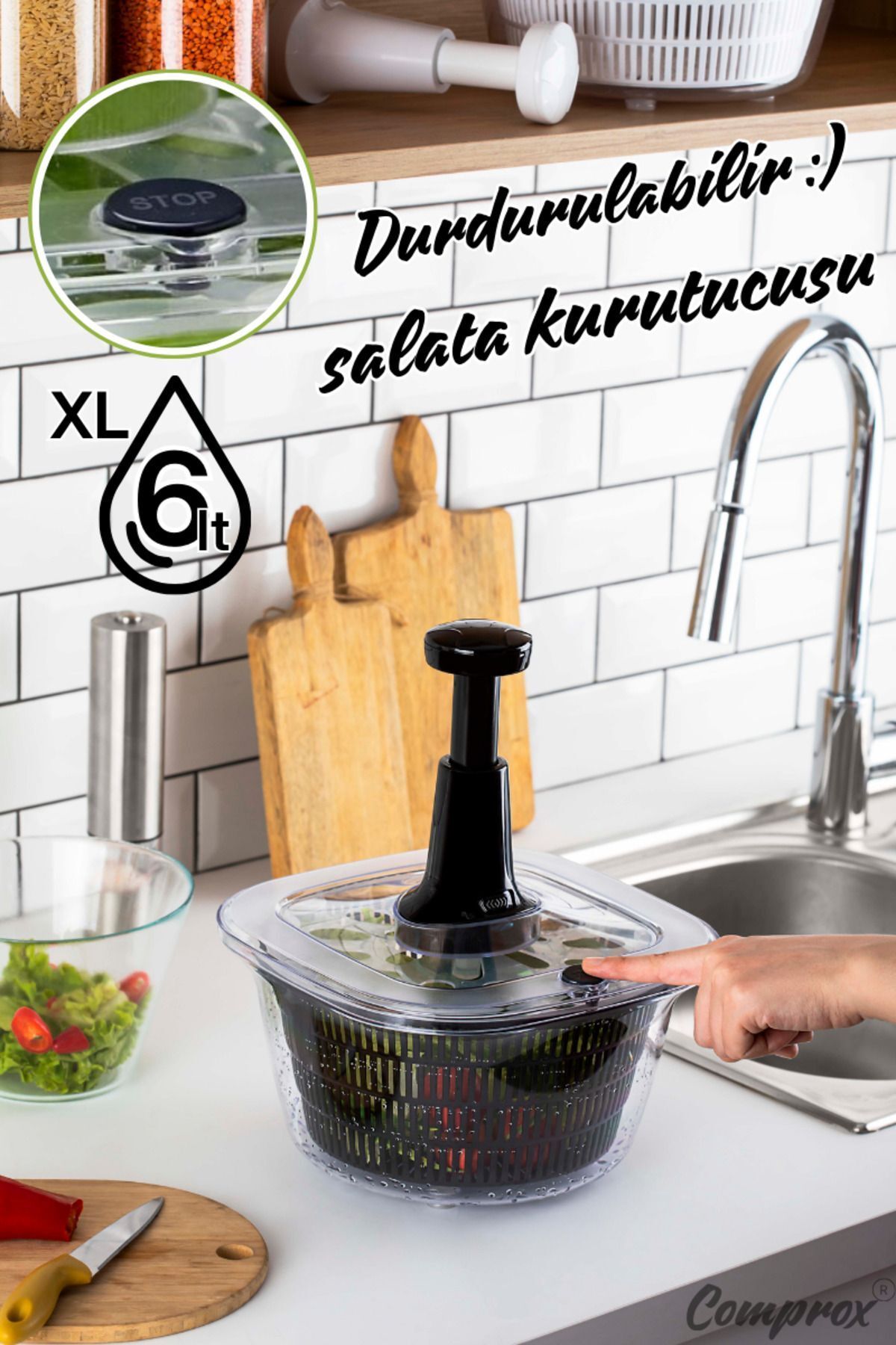 Comprox SİYAH XL Pratik 6LT Manuel Sebze Kurutucu Salata Kurutucu (Stop Düğmeli)