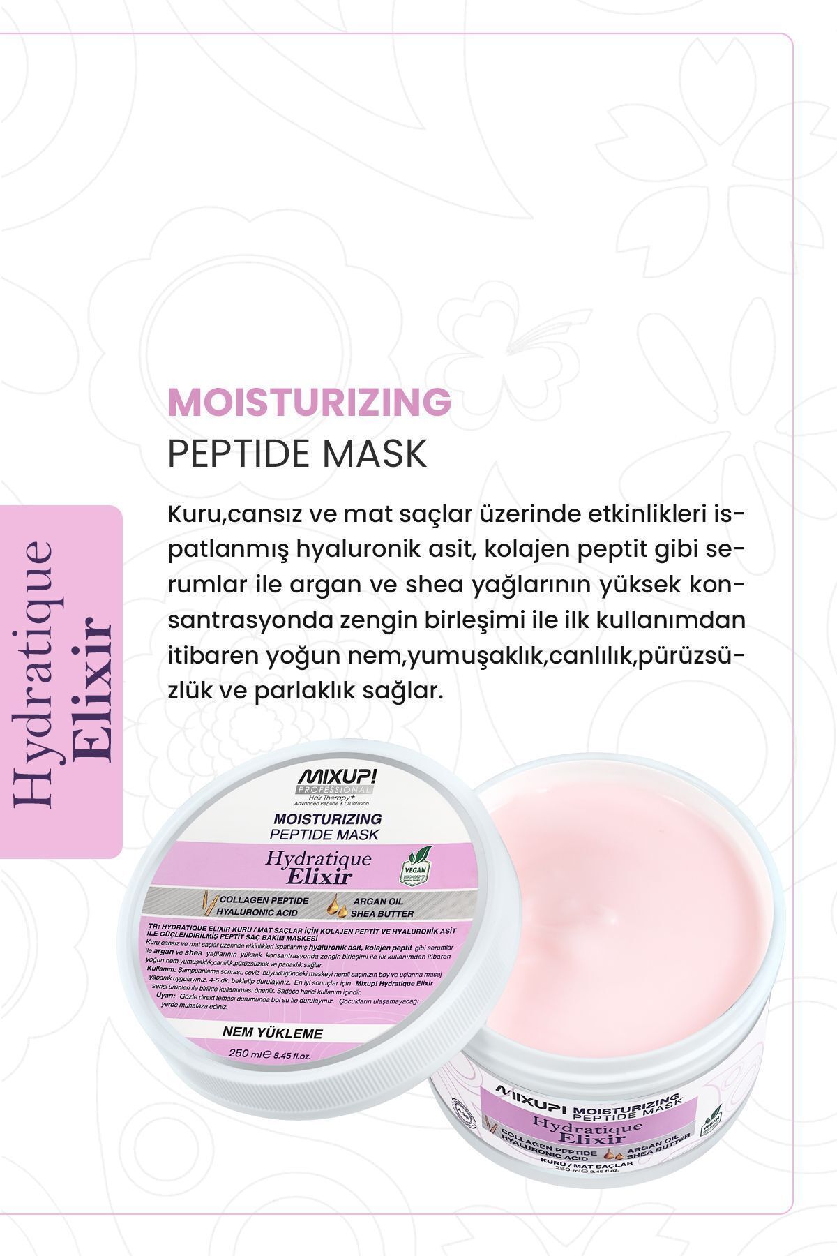 Kuru ve Mat Saçlar için Hyaluronik Asit,Kolejen Peptit Kompleks Nem Veren Besleyici Maske 250 ML — 8683071842551 — تصویر 2 از 4