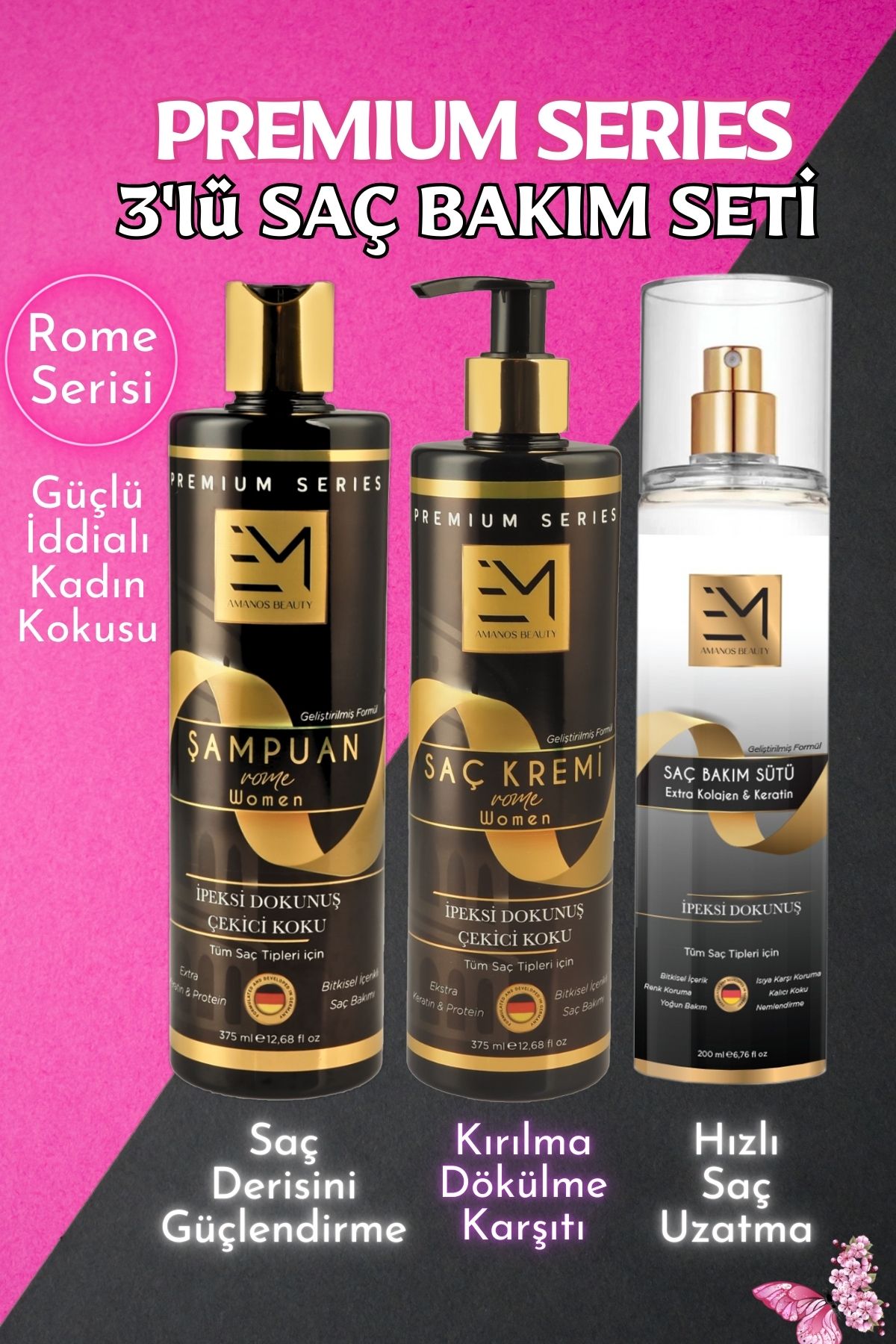 شامپو ست مراقبت از مو 3 تکه، نرم کننده، شیر مراقبت از مو کراتینه سری Rome EM AMANOS BEAUTY