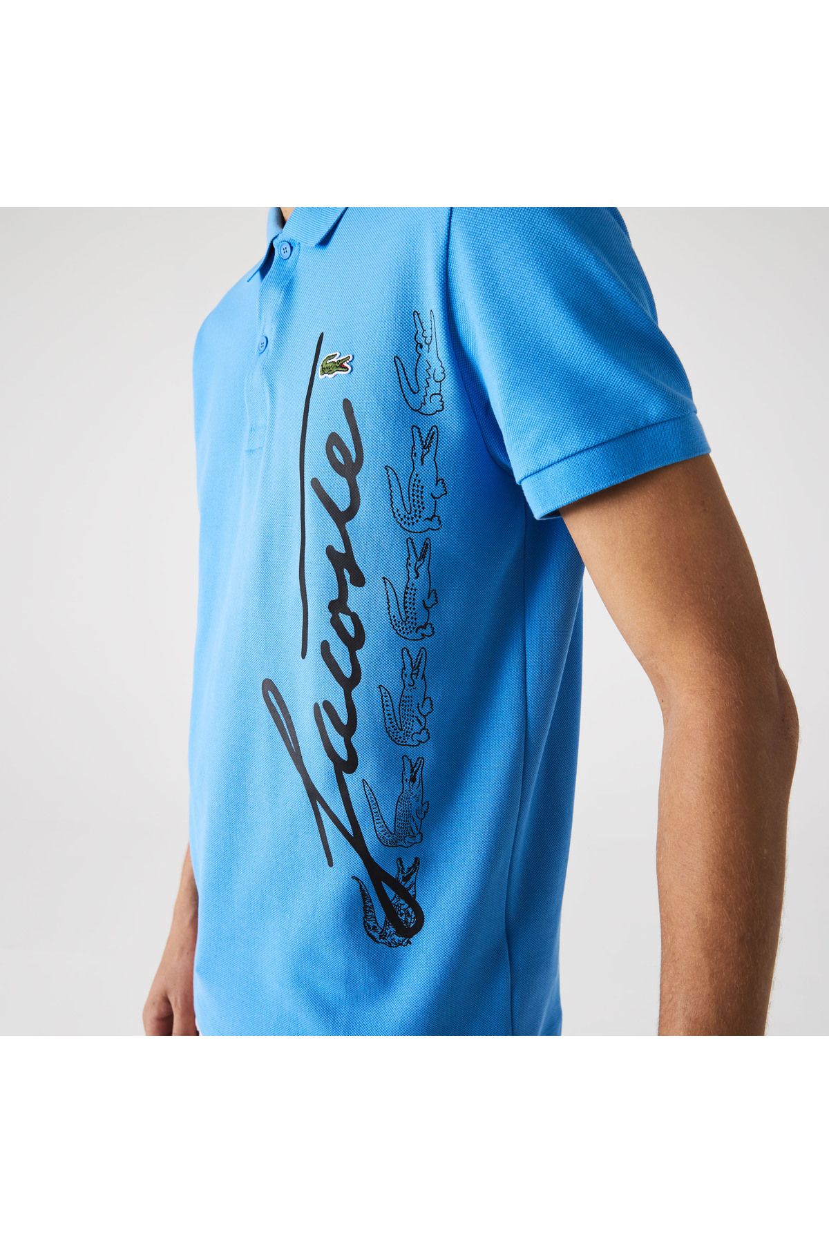 تی شرت یقه پولو آبی مردانه چوگان چاپی منظم Lacoste