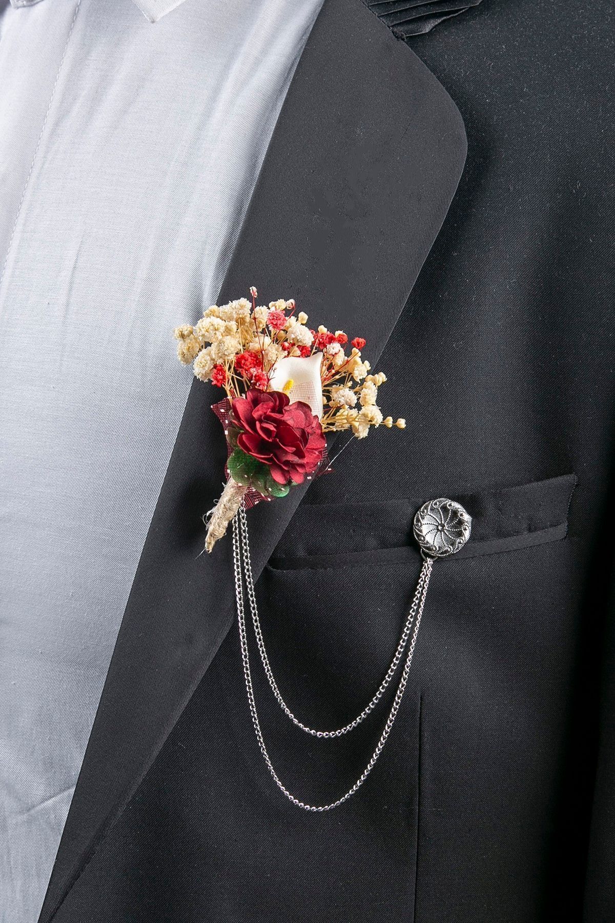 Noyan Group Özel Kutulu Kırmızı-sarı Renk Kuru Çiçek Damat Yaka Çiçeği Ve Ceket Zinciri