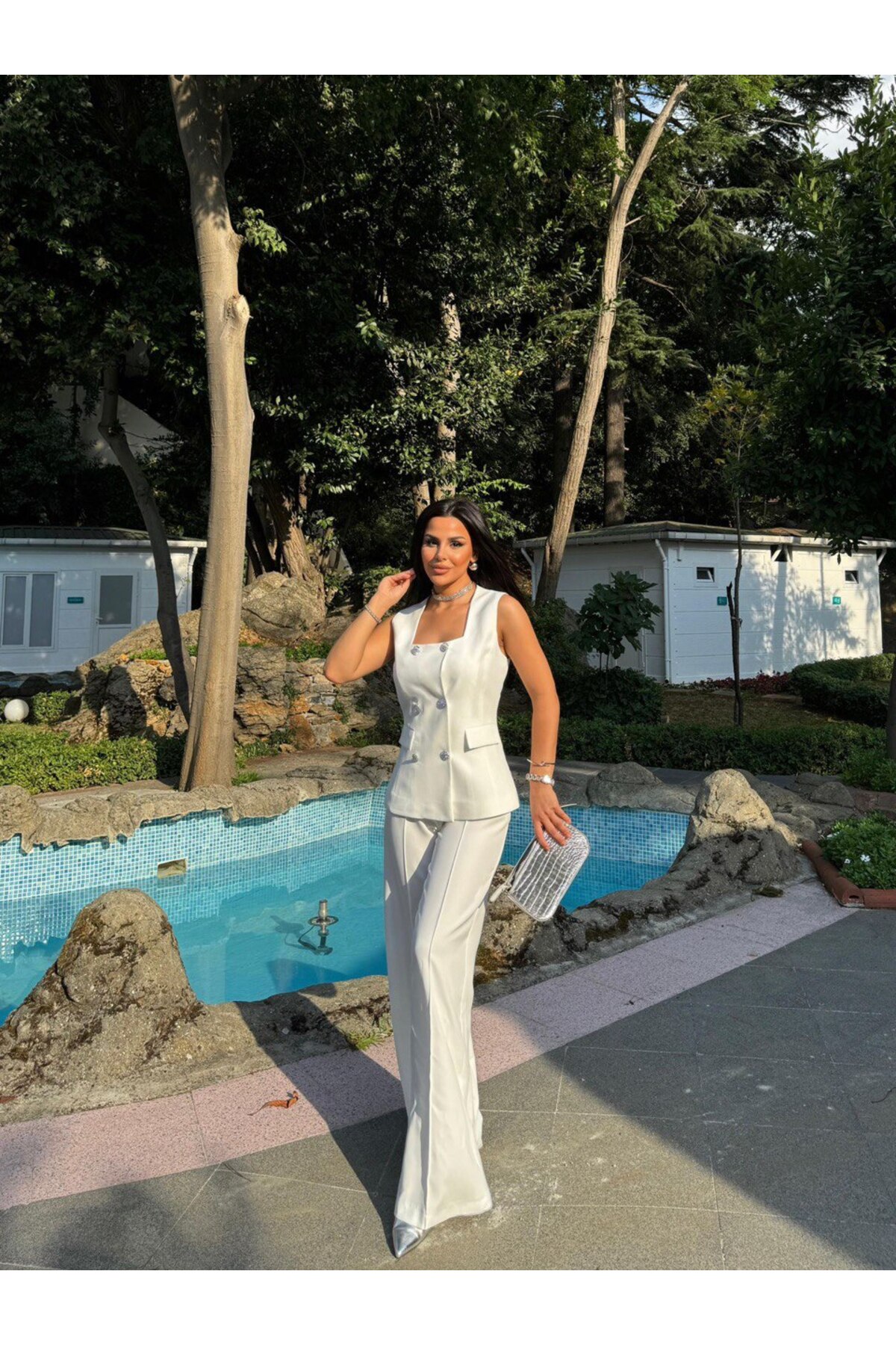 Ensemble gilet et pantalon slim à col carré blanc - Görsel 3