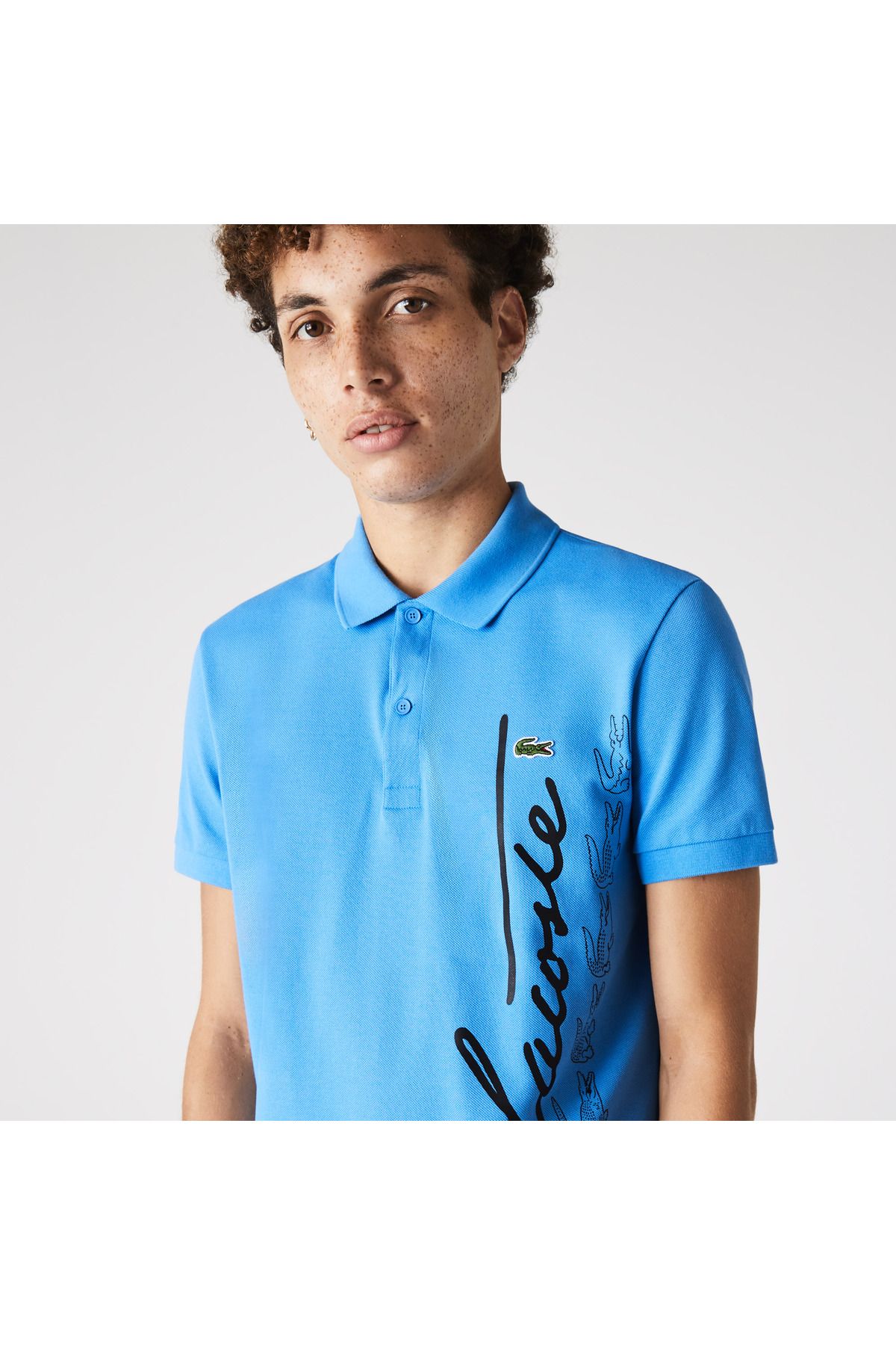 تی شرت یقه پولو آبی مردانه چوگان چاپی منظم Lacoste