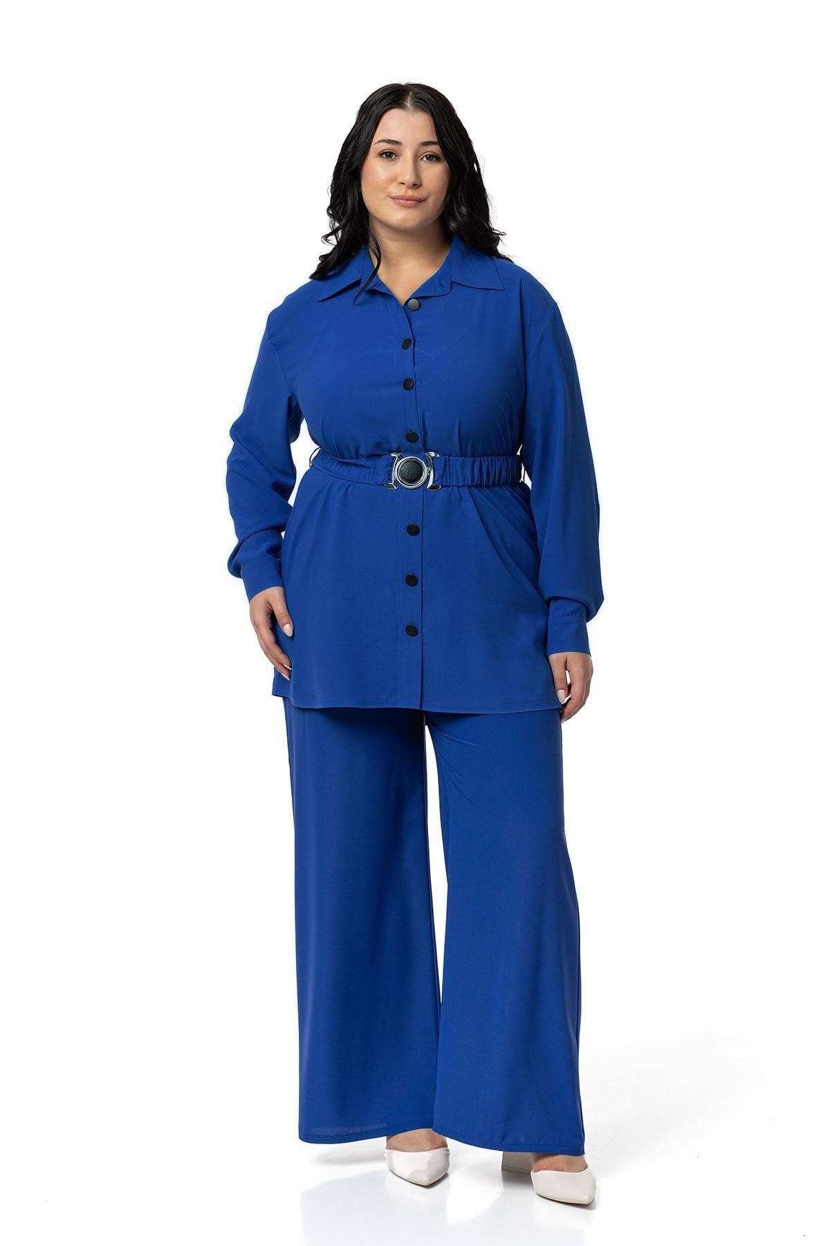 DISENTIS MODEST Set Dublu Saks Blue - Cămașă Și Pantaloni Cu Curea De Mărime Mare Femeie - 48