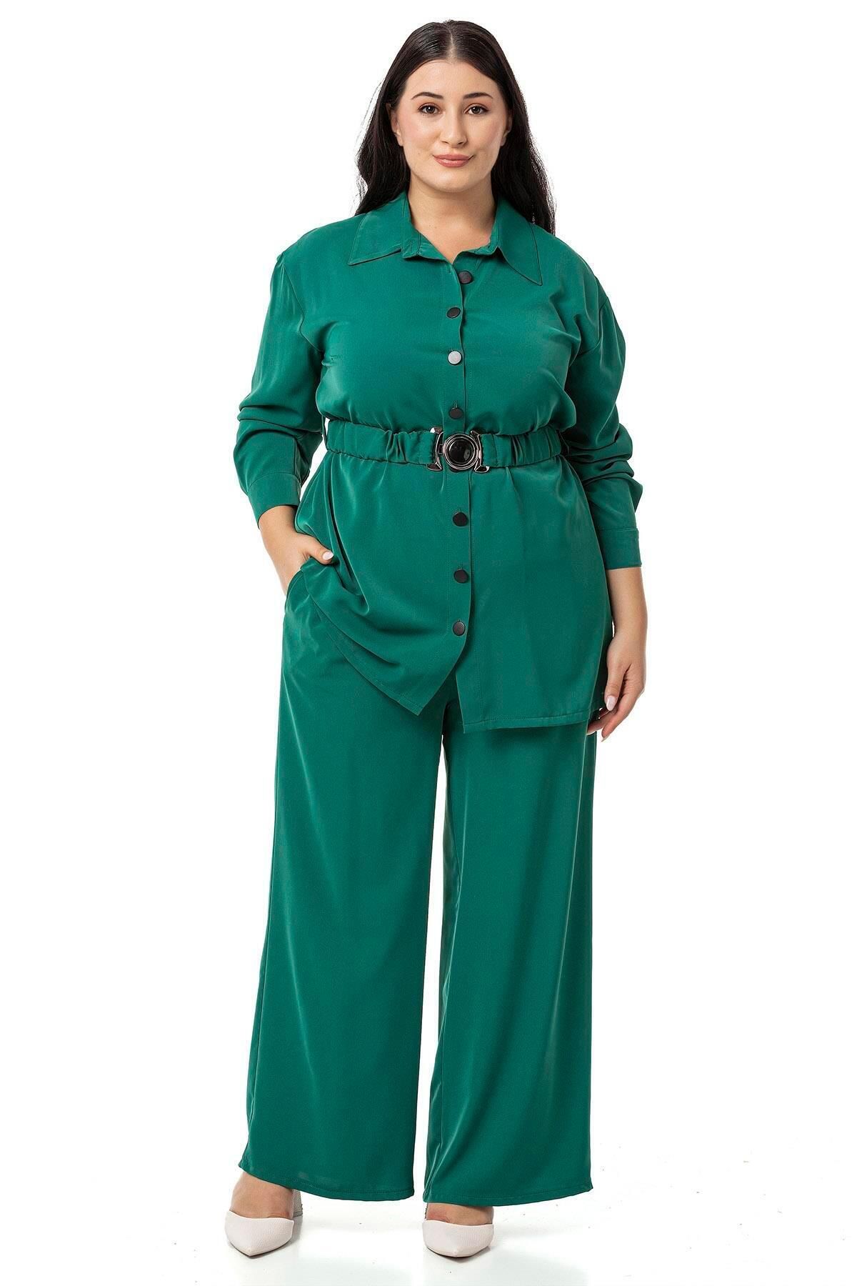 DISENTIS MODEST-Emerald Shirt and Trousers Set - Plus Size, with Belt 4