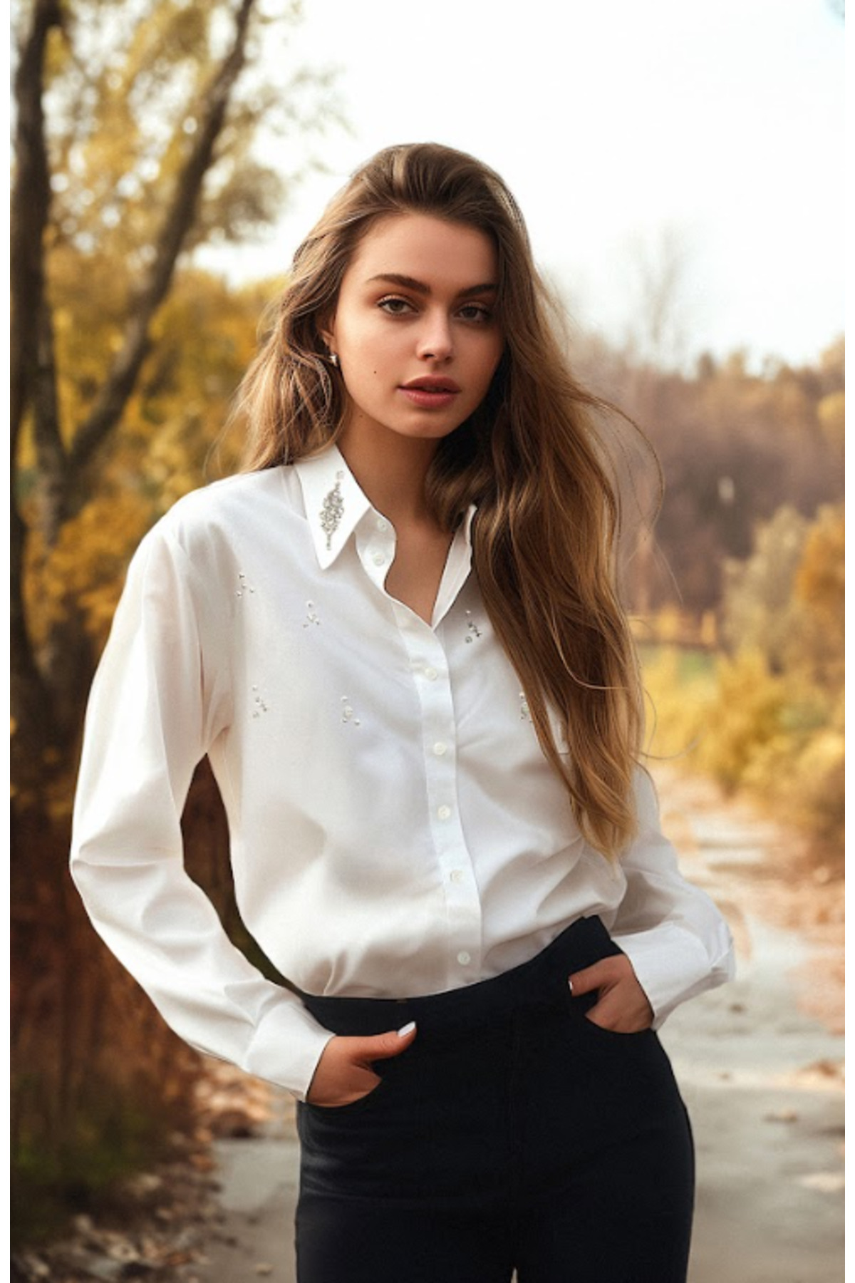 Trendyolmilla  Ekru Önü Taş Detaylı Regular Normal Kalıp Dokuma Gömlek TWOSS24GO00069 - Görsel 10