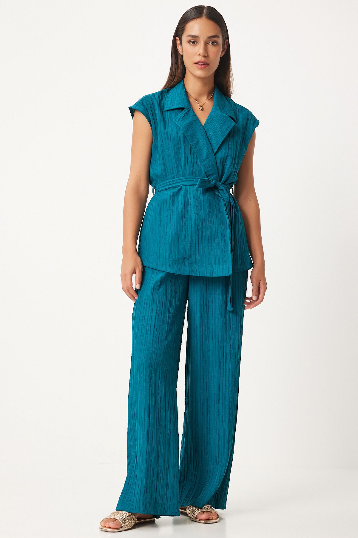 Happiness İstanbul-Petrolgrünes Damen Strickset mit Gürtel - Weste und Palazzo BY00055 1