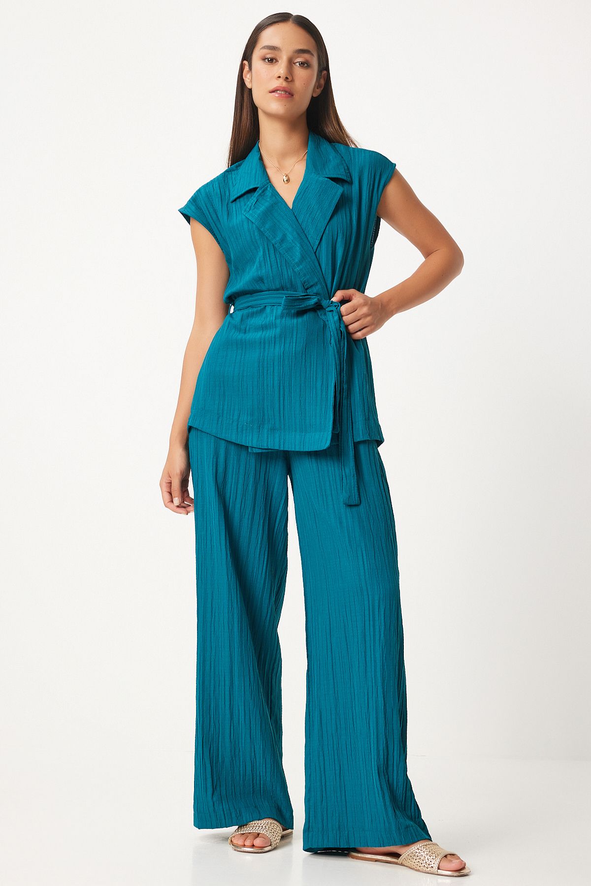 Happiness İstanbul-Petrolgrünes Damen Strickset mit Gürtel - Weste und Palazzo BY00055 2