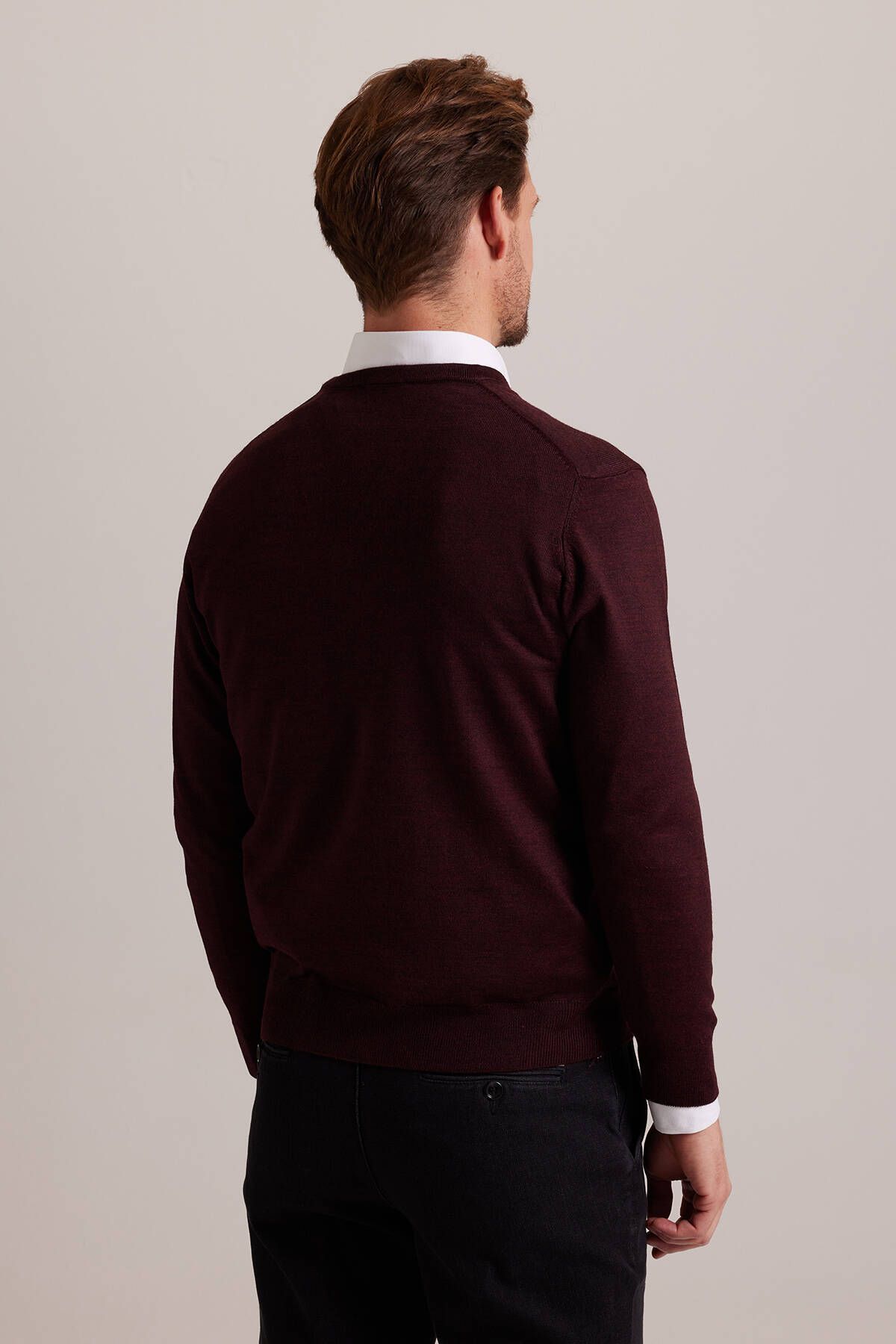 Ysf-Men's Claret Red V-Neck Classic Plain Knitwear 5